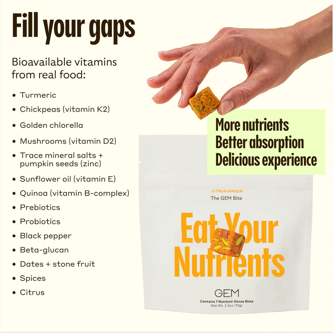 GEM Daily Multivitamin for Women & Men, Supports Gut, Skin, Brain, Bone, & Immunity, with Folic Acid, Vitamin D, zinc, Vitamin B, K, Folate, 20+ Vitamins & Minerals (Citrus Ginger, 28 Servings)