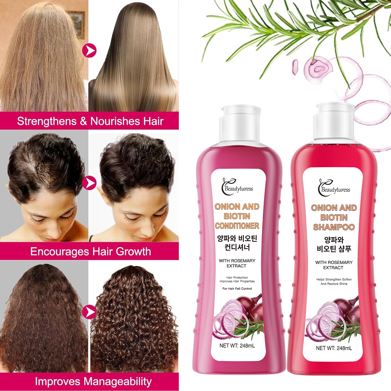 Onion Biotin and Rosemary Shampoo and Treatment Set Shampoo, Conditioner and Treatment for All Hair Types, Pink (248ML*2)
