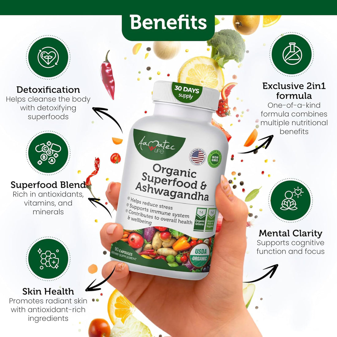 AAMATEC LIFE Organic Superfood Greens Fruits and Veggies Complex with Ashwagandha - 2 in 1 Supplement with 14 Greens Fruits & Vegetables with Ashwagandha Rich in Antioxidants - Non-GMO 90 Capsules