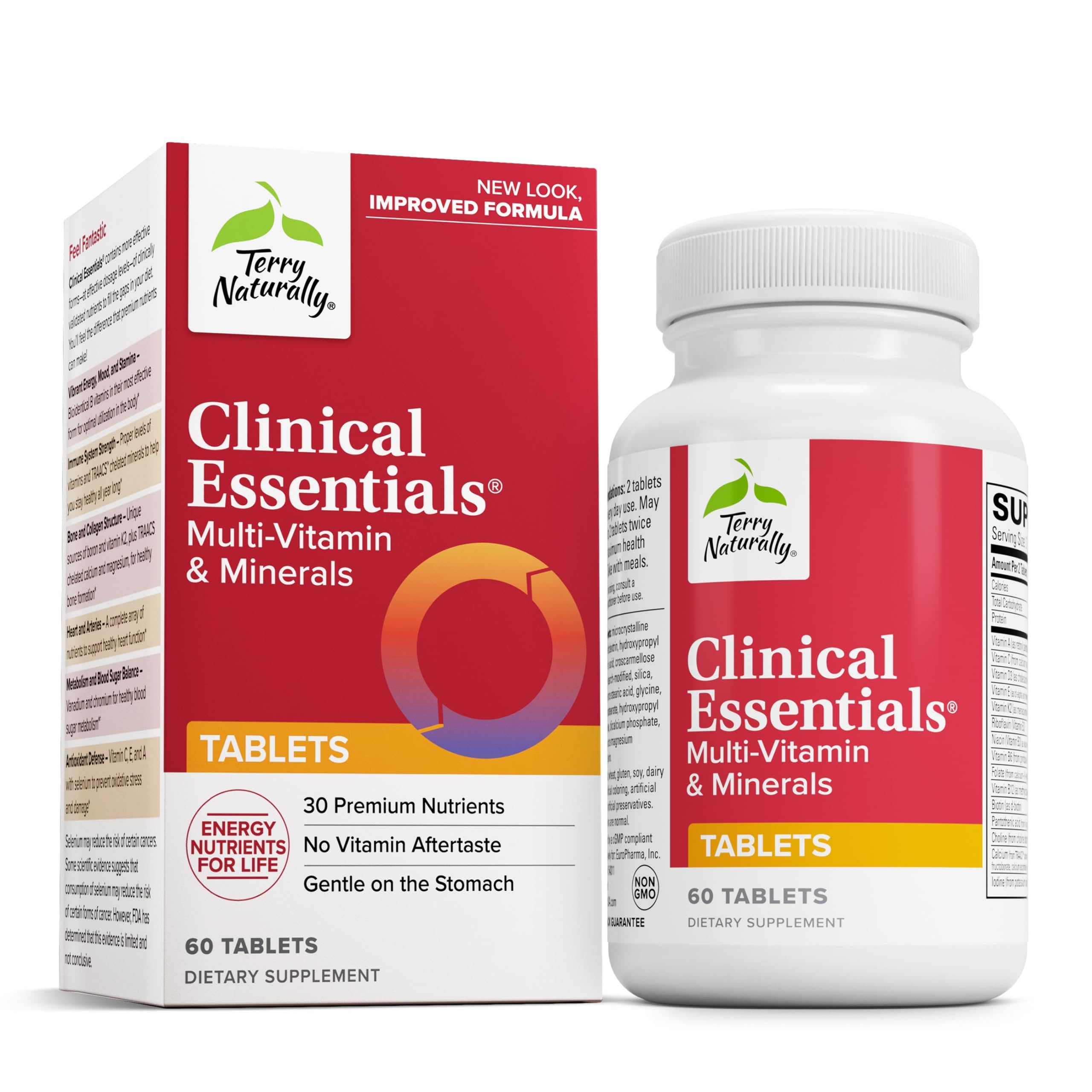 Terry Naturally Clinical Essentials - 60 Tablets - Multivitamin & Mineral Supplement with 30 Premium Nutrients, Gentle On The Stomach, No Vitamin Aftertaste - Non-GMO, Gluten-Free - 30 Servings