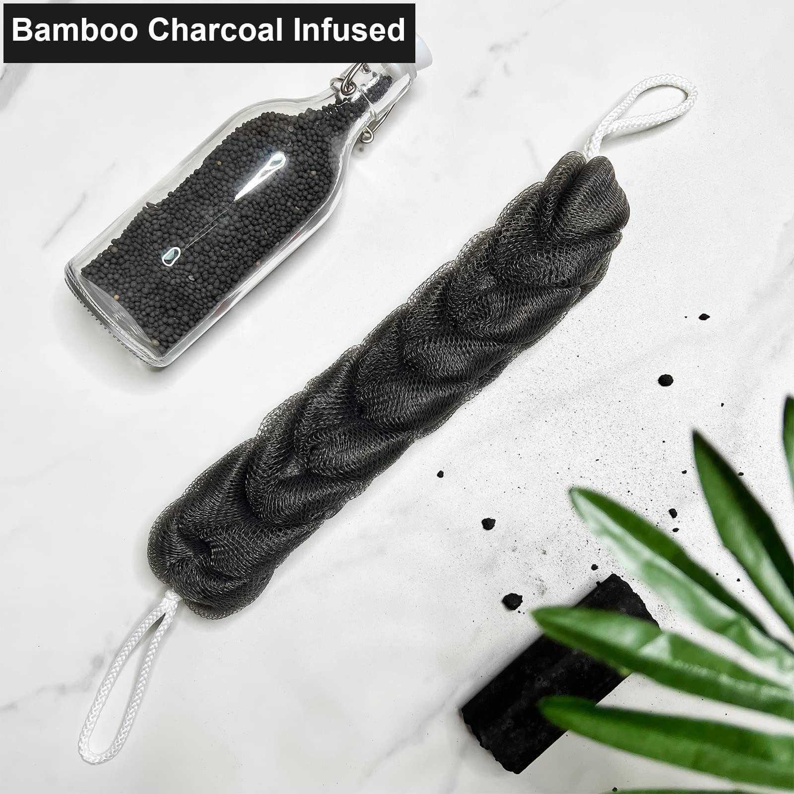 PPHAO - 3 Pack Bamboo Charcoal Back Scrubber for Shower - Long Loofah Sponge for Women - Bath Sponge - Loofah Back Scrubber for Shower Exfoliating for Men and Women- 21.5 INCH - Black Loofah