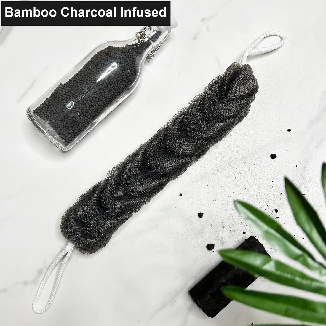 PPHAO - 3 Pack Bamboo Charcoal Back Scrubber for Shower - Long Loofah Sponge for Women - Bath Sponge - Loofah Back Scrubber for Shower Exfoliating for Men and Women- 21.5 INCH - Black Loofah