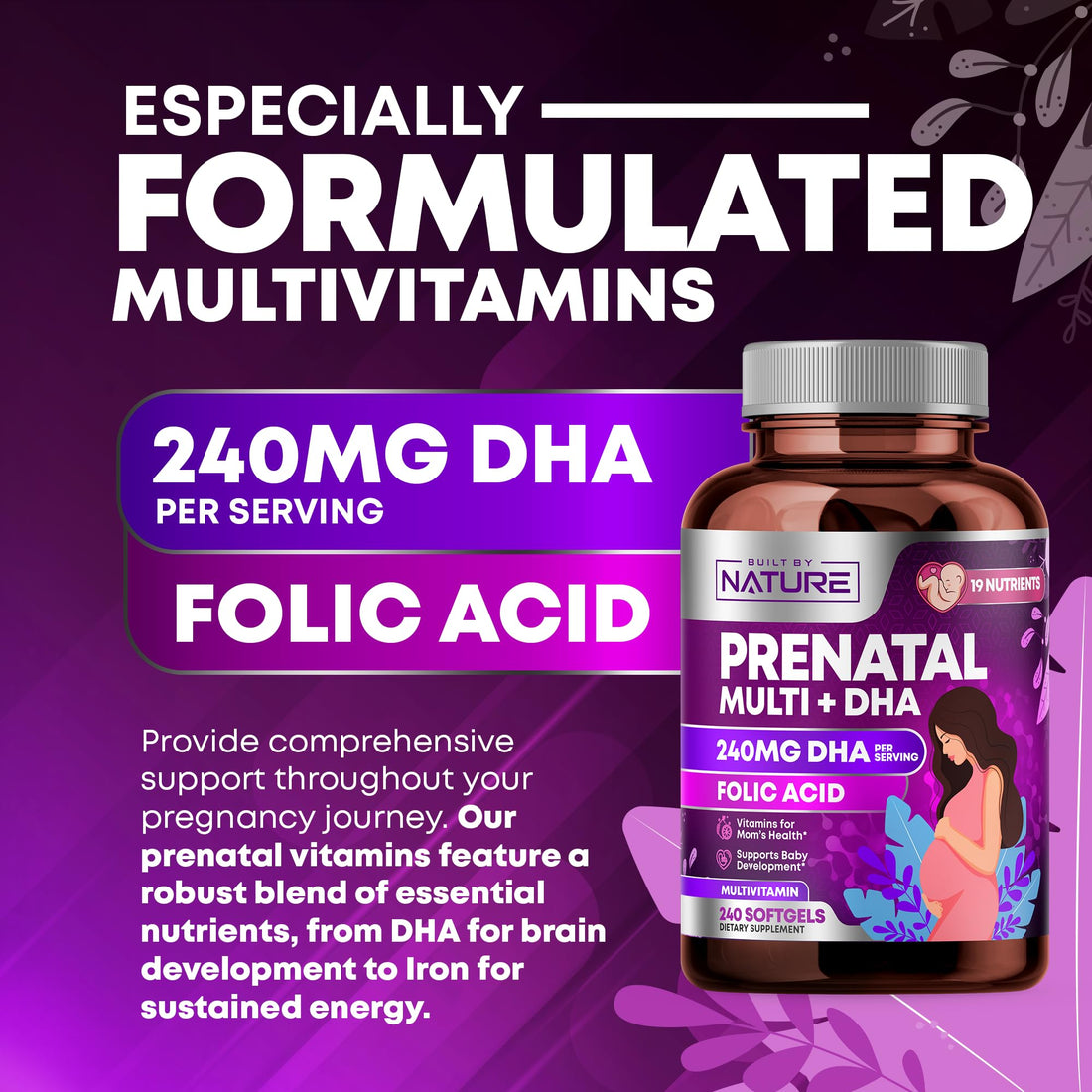 Prenatal Vitamins for Women - Multivitamin with DHA, Folic Acid, Vitamin C, B12, Iron & Omega-3 - Before, During & Post Pregnancy Supplement for Healthy Growth & Brain Development - 240 Softgels