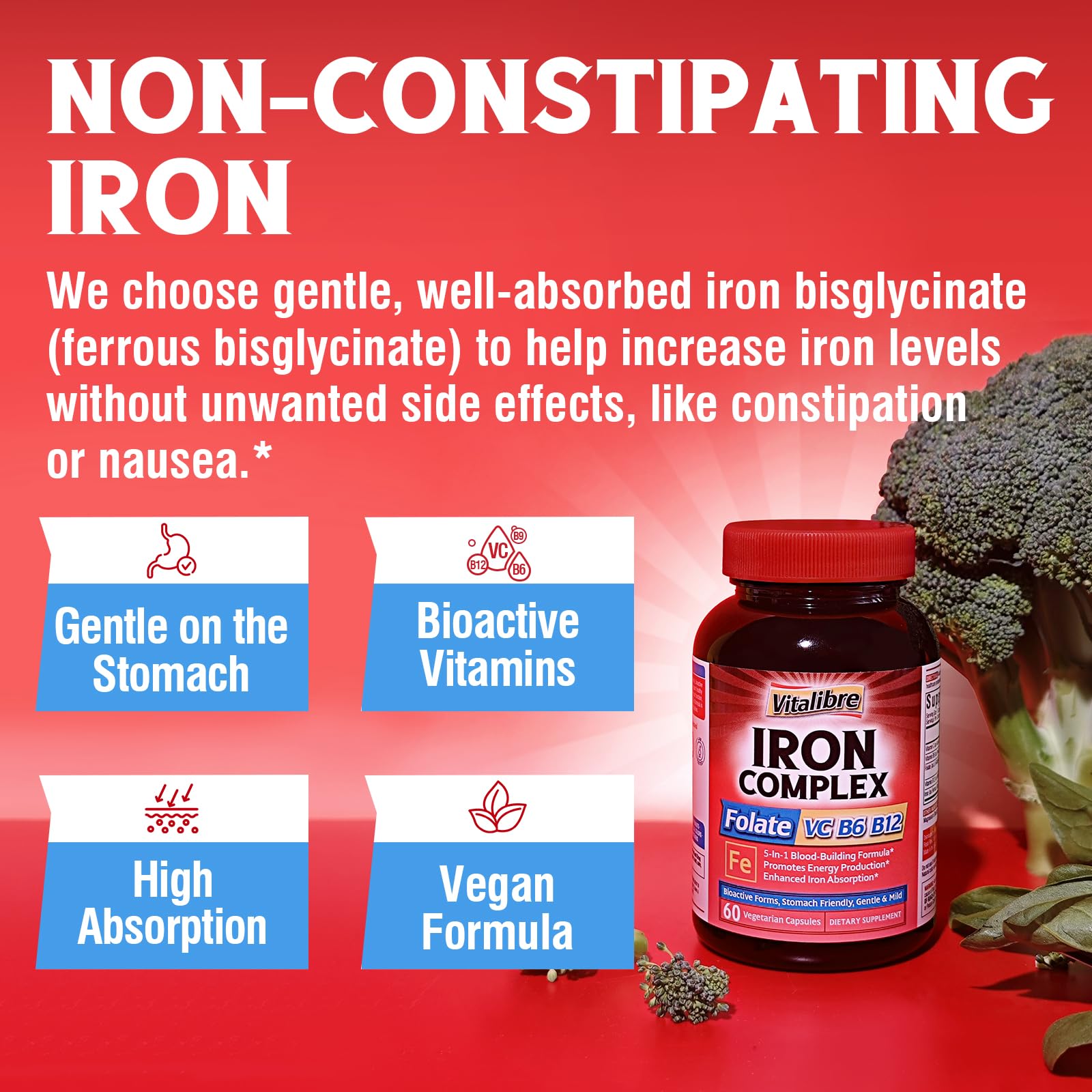 Iron Supplement for Women & Men, with Vitamins C, B6, B12 & Folate for Iron Deficiency, Blood Building & Energy Support, Stomach Friendly, Better Absorption, Non-GMO, No Gluten, 60 Vegan Caps