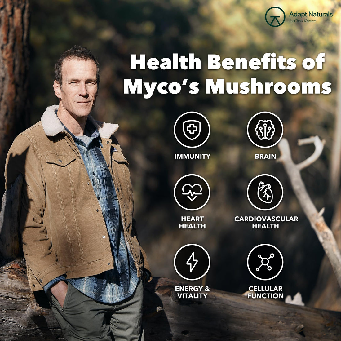 Adapt Naturals Bio-Avail Myco - 8-in-1 Bioavailable Mushroom Supplement Mushroom Complex - Chaga, Cordyceps, Reishi, Lions Mane - Blood Pressure, Memory, Immune - 120 Capsules