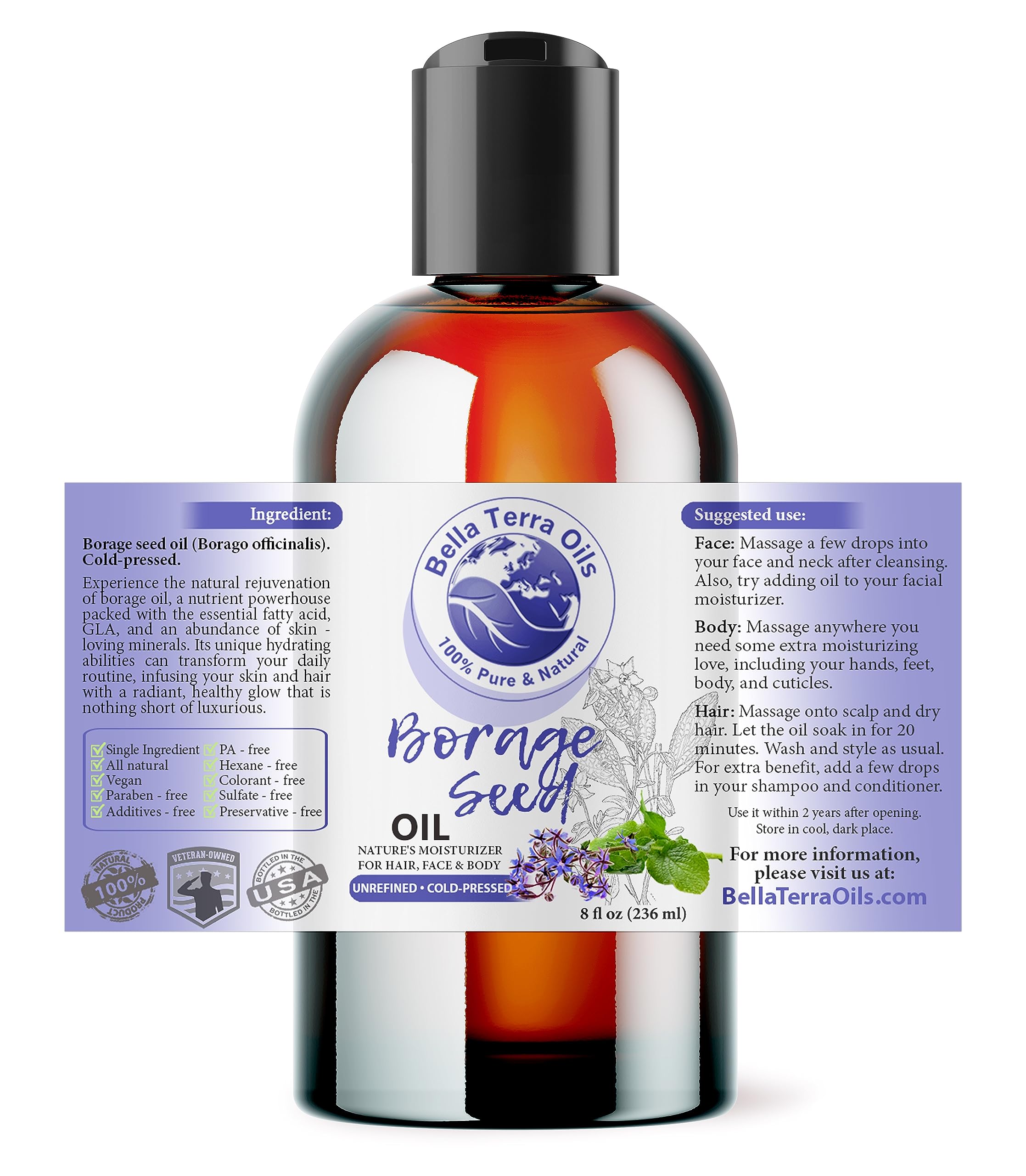 NEW Borage Seed Oil. 8oz. Cold-pressed. Unrefined. Organic. 100% Pure. PA-free. Hexane-free. GLA Oil. Natural Moisturizer. For Hair, Face, Body, Nails, Stretch Marks.
