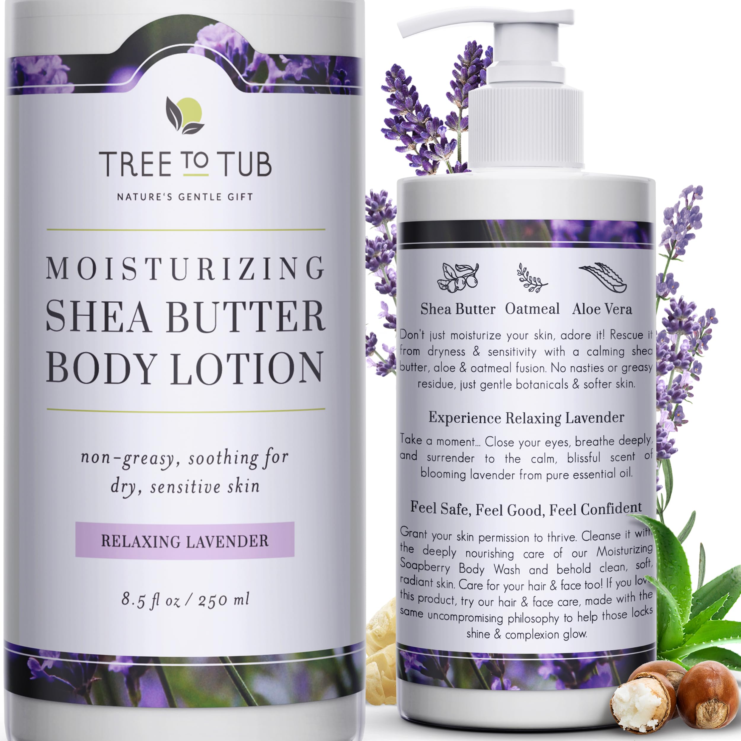 Moisturizing Body Lotion for Dry Skin by Tree To Tub - pH 5.5 Balanced Sensitive Skin Lavender Lotion for Men & Women, Light, Quick Absorb, with Organic Shea Butter, Cocoa Butter 8.5 oz
