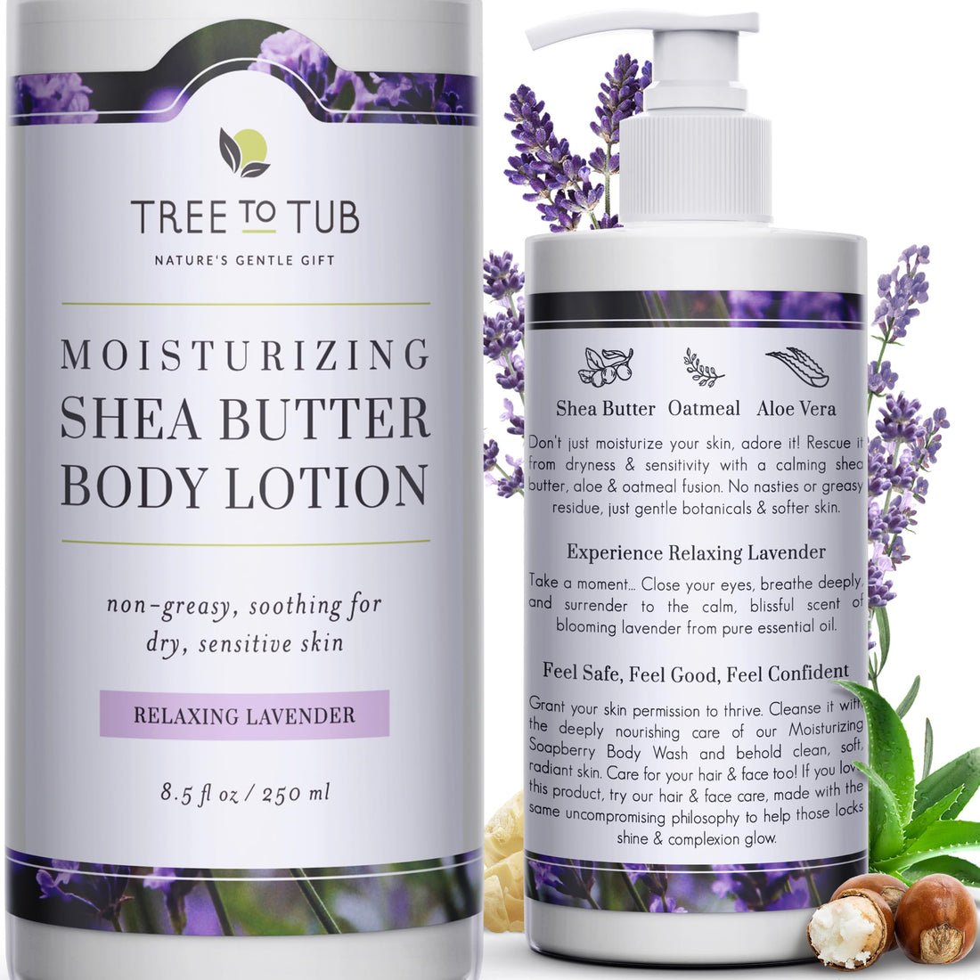 Moisturizing Body Lotion for Dry Skin by Tree To Tub - pH 5.5 Balanced Sensitive Skin Lavender Lotion for Men & Women, Light, Quick Absorb, with Organic Shea Butter, Cocoa Butter 8.5 oz