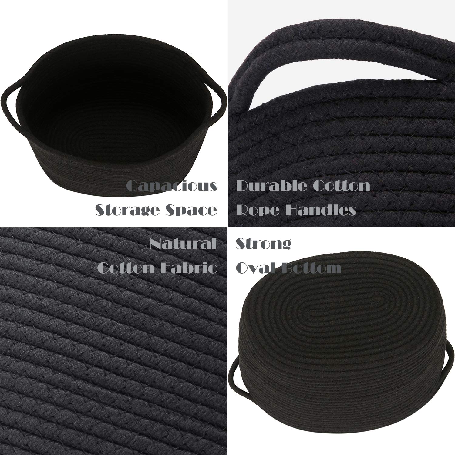 Sea Team Oval Cotton Rope Woven Storage Basket with Handles, Diaper Caddy, Nursery Nappies Organizer, Baby Shower Basket for Kid's Room, 12.2 x 8.7 x 9 Inches (Small Size, Black)