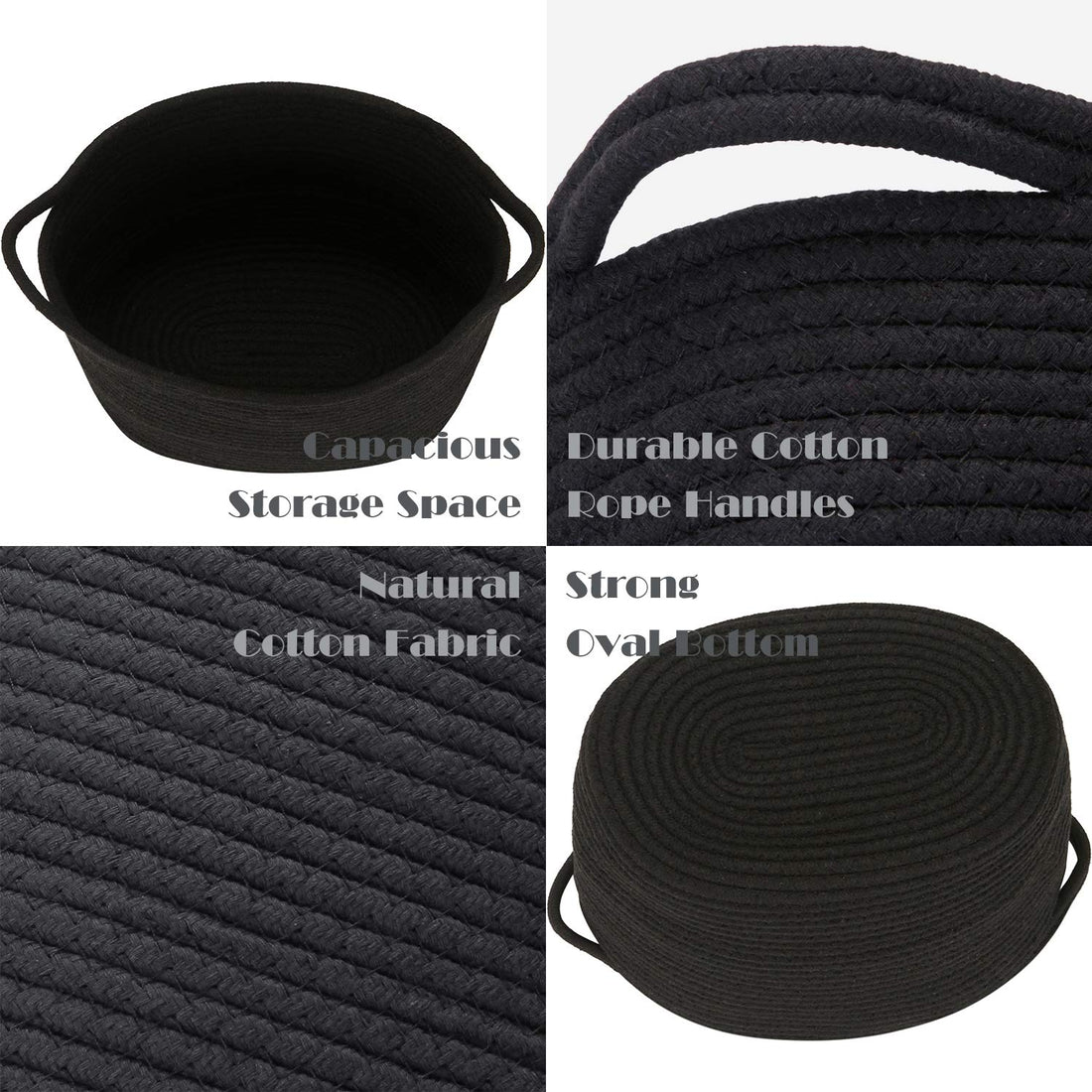 Sea Team Oval Cotton Rope Woven Storage Basket with Handles, Diaper Caddy, Nursery Nappies Organizer, Baby Shower Basket for Kid's Room, 12.2 x 8.7 x 9 Inches (Small Size, Black)