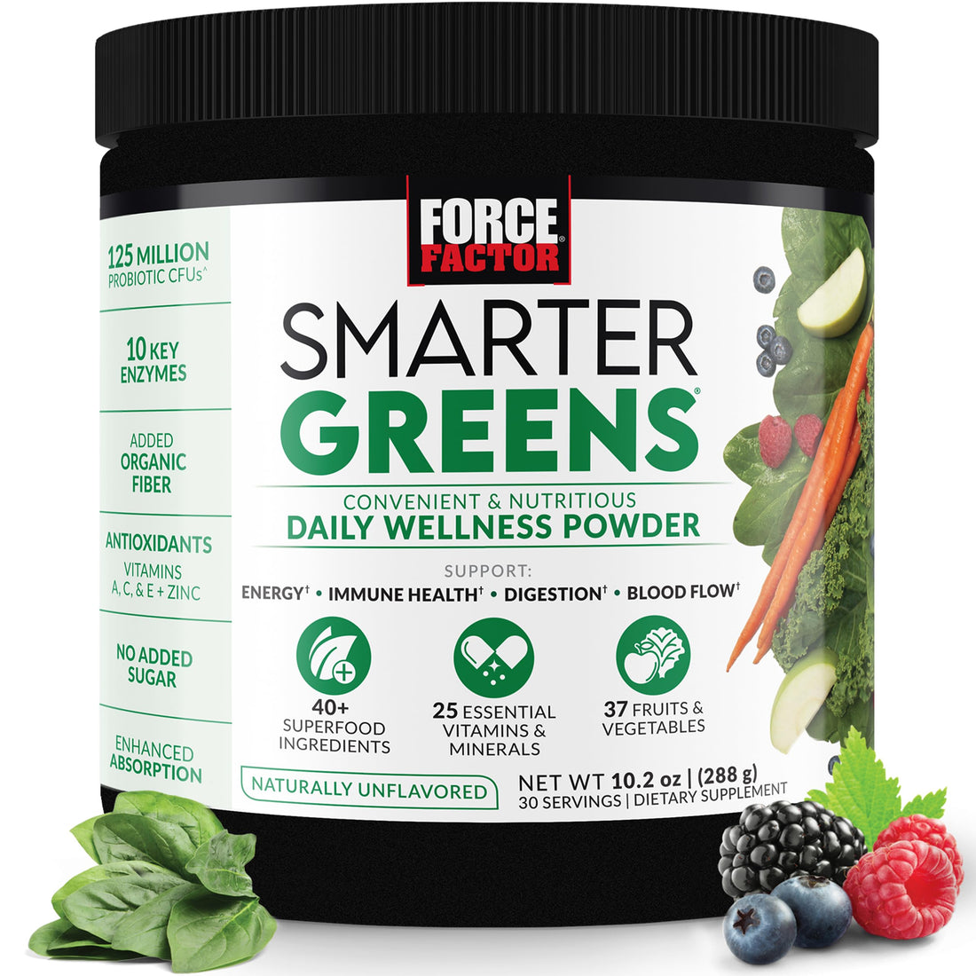 Force Factor Smarter Greens Daily Wellness Powder, Greens Superfood Powder to Support Gut Health, Bloating, & Digestion, with 40+ Superfoods, 125 Million CFUs of Probiotics, Unflavored, 30 Servings