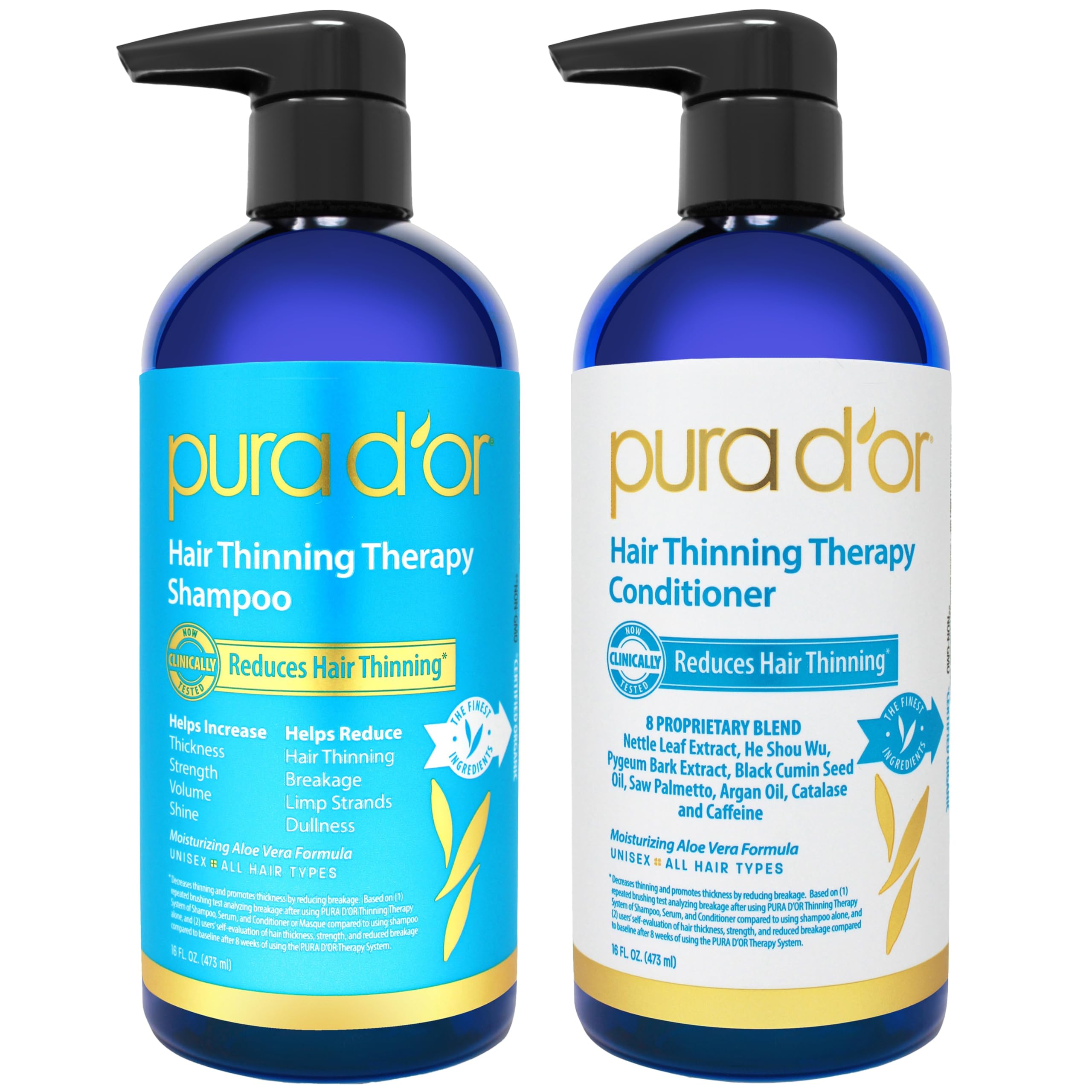 PURA D'OR Hair Thinning Therapy Shampoo & Conditioner 2-Piece System for Prevention, Infused with Premium Organic Argan Oil, Biotin & Natural Ingredients For All Hair Types, Men & Women