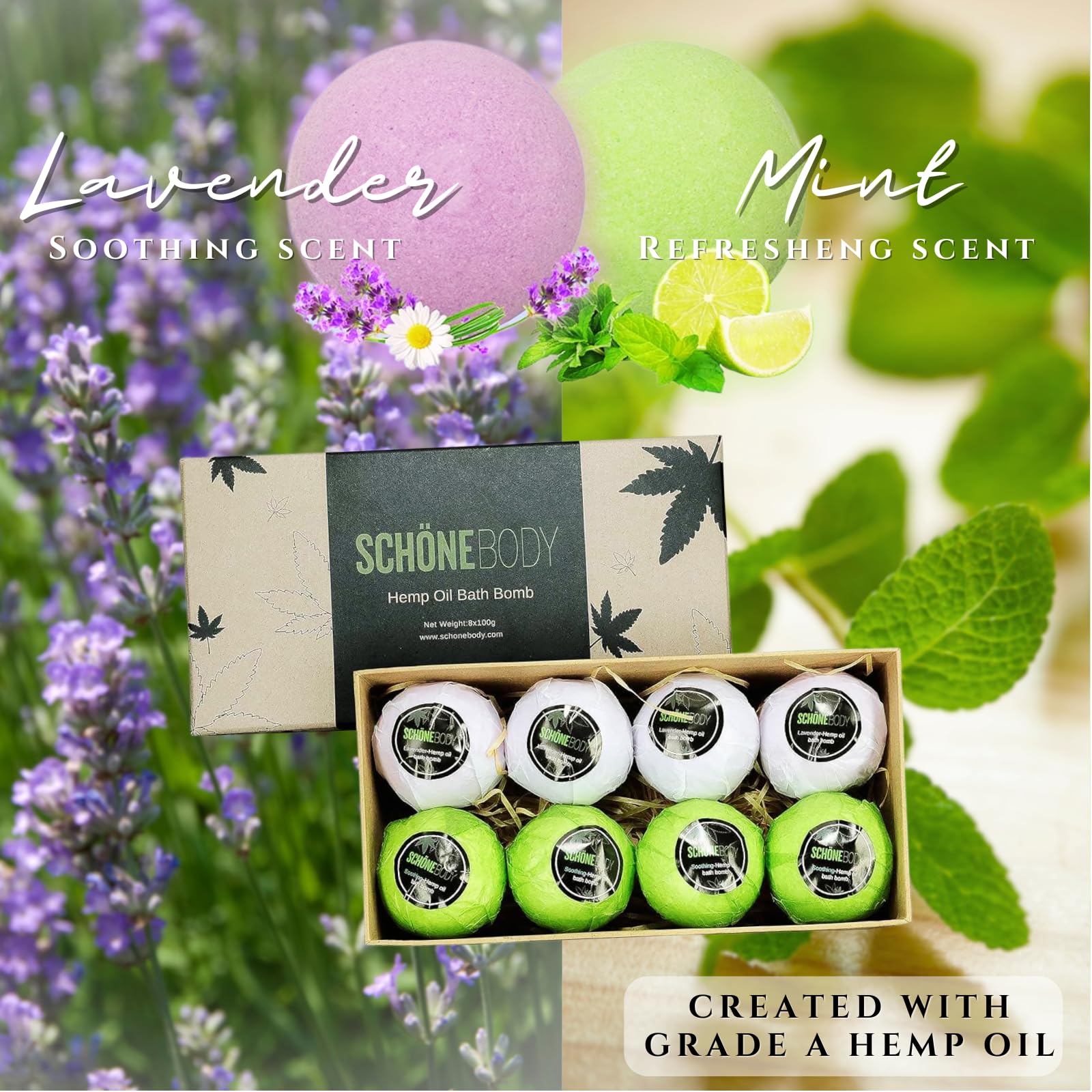 Hemp Bath Bombs, Large Set of 8 Bath Bombs. by Schone Body, 2 Relaxing Scents of Refreshing Mint and Hemp Oil and Soothing Lavender and Hemp Oil. Made with Pure Essential Oil Vegan Set