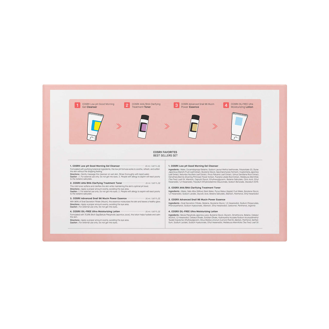 COSRX Favorites Best Sellers Set - Mini Sized Low pH Good Morning Gel Cleanser, AHA/BHA Clarifying Treatment Toner, Advanced Snail 96 Mucin Power Essence, Oil-Free Ultra Moisturizing Lotion