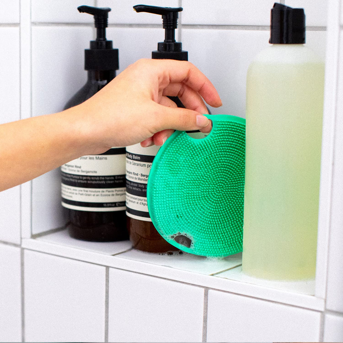 Boie USA Flat Body Scrubber - Soft Silicone-Like Exfoliating Shower Scrubber & Body Cleansing Brush - Stick-to-Wall Loofah Replacement - Antimicrobial Body Exfoliator for All Skin Types - Mint
