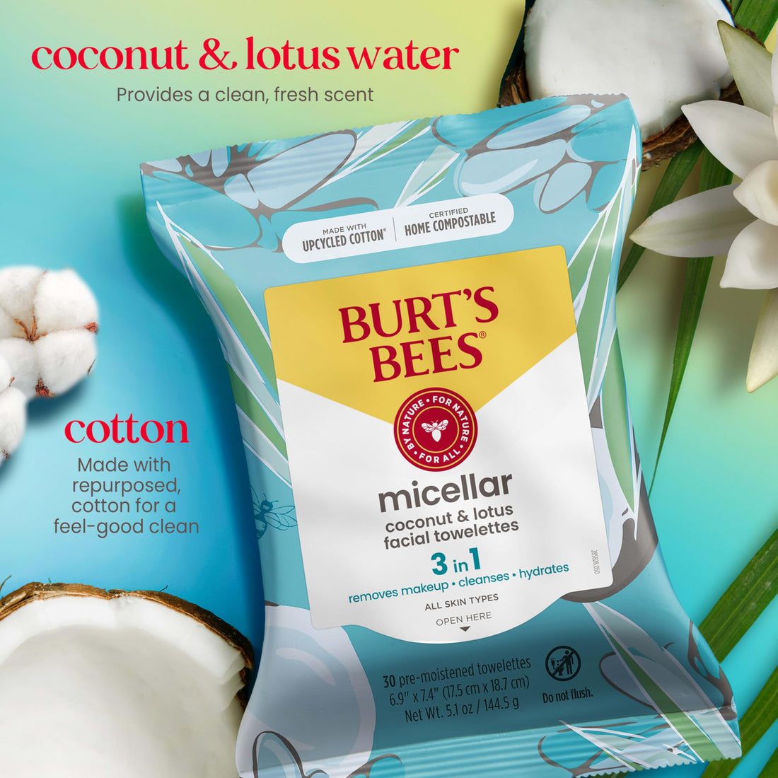 Burt's Bees Micellar Facial Towelettes With Coconut and Lotus, Pre-Moistened Towelettes for All Skin Types, 99.5 Percent Natural Origin Skin Care, 30 ct. Package