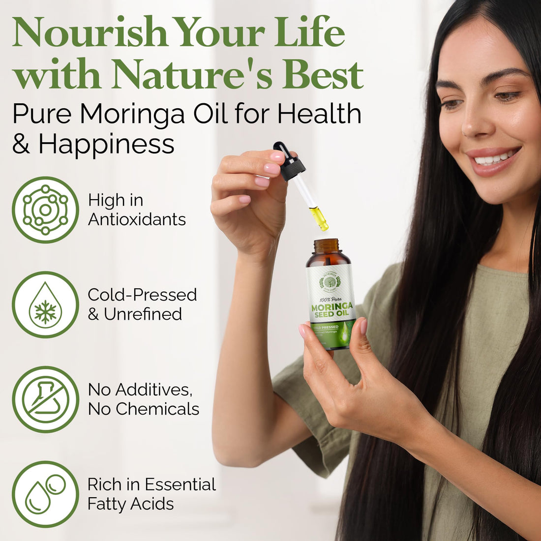 Moringa Seed Oil – 100% Pure, Cold-Pressed & Virgin, Unrefined Non-GMO Vegan Oil, Ultra-Hydrating Moisturizer for Dry Skin, Damaged Hair & Body, Anti-Aging, Ideal Carrier Oil
