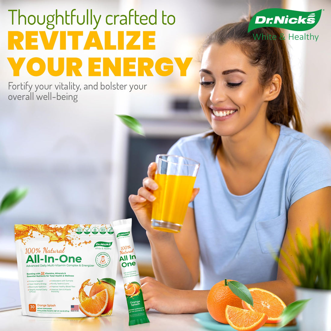 Dr. Nick's All-in-One Multivitamin Drink Mix Packets – for Everyday Vitality and Elite Oral Care – Dentist Formulated with Premium Non-GMO, Vegan, and Gluten-Free Ingredients – Orange Splash Flavor