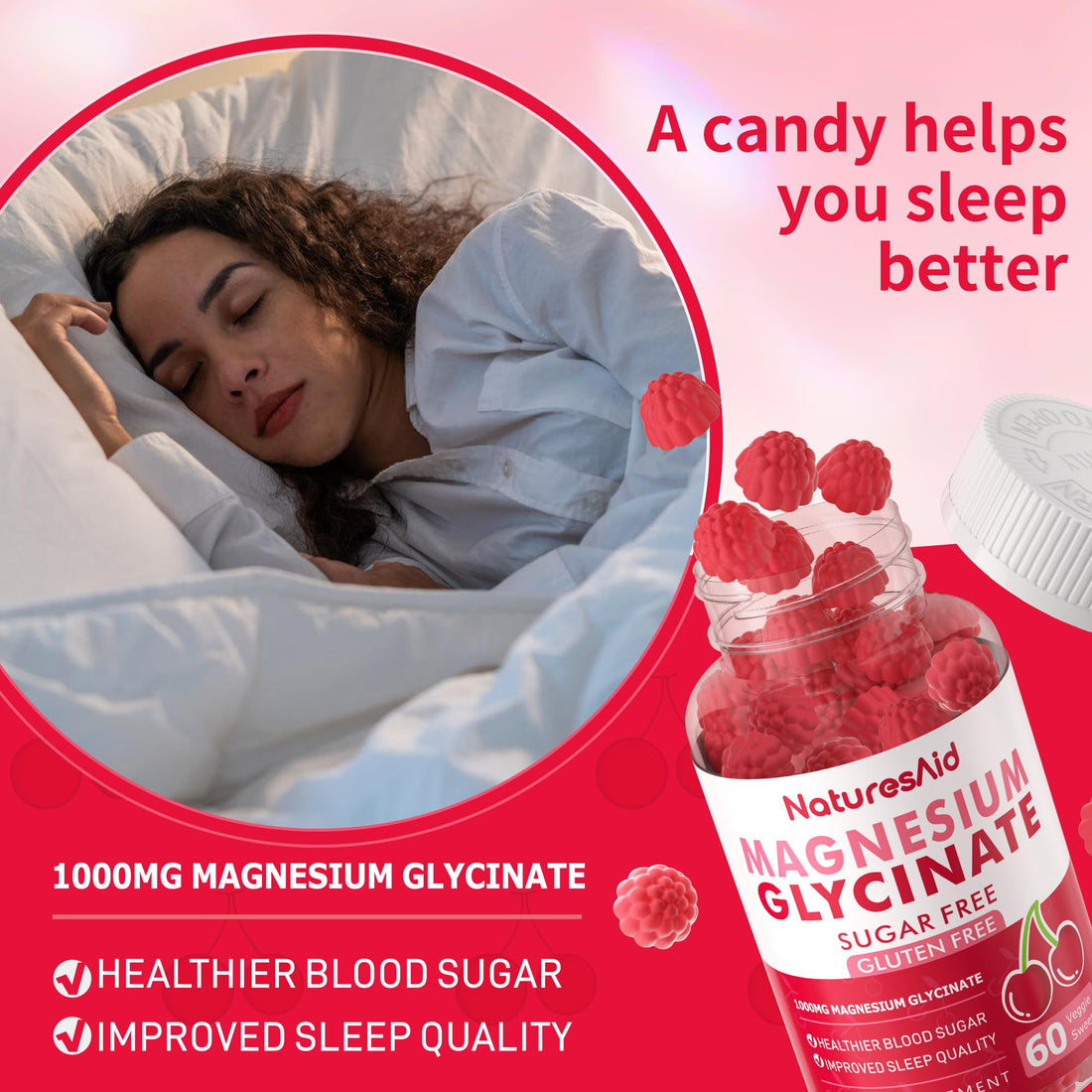 Magnesium Glycinate Gummies 1000mg - Sugar Free Magnesium Potassium Supplement with Vitamin D, B6, CoQ10 for Calm Mood & Sleep Support - 120 Cherry Gummies -2 Pack