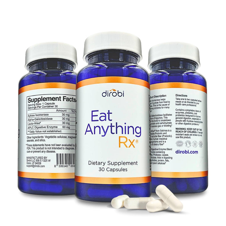 Dirobi Eat Anything Xylose Isomerase Fructose Malabsorption Enzymes, FODMAP Supplement, Digestive Enzymes for Better Lactose, Fat, Protein & Carbohydrate Digestion Gas & Bloating Relief 30 Capsules