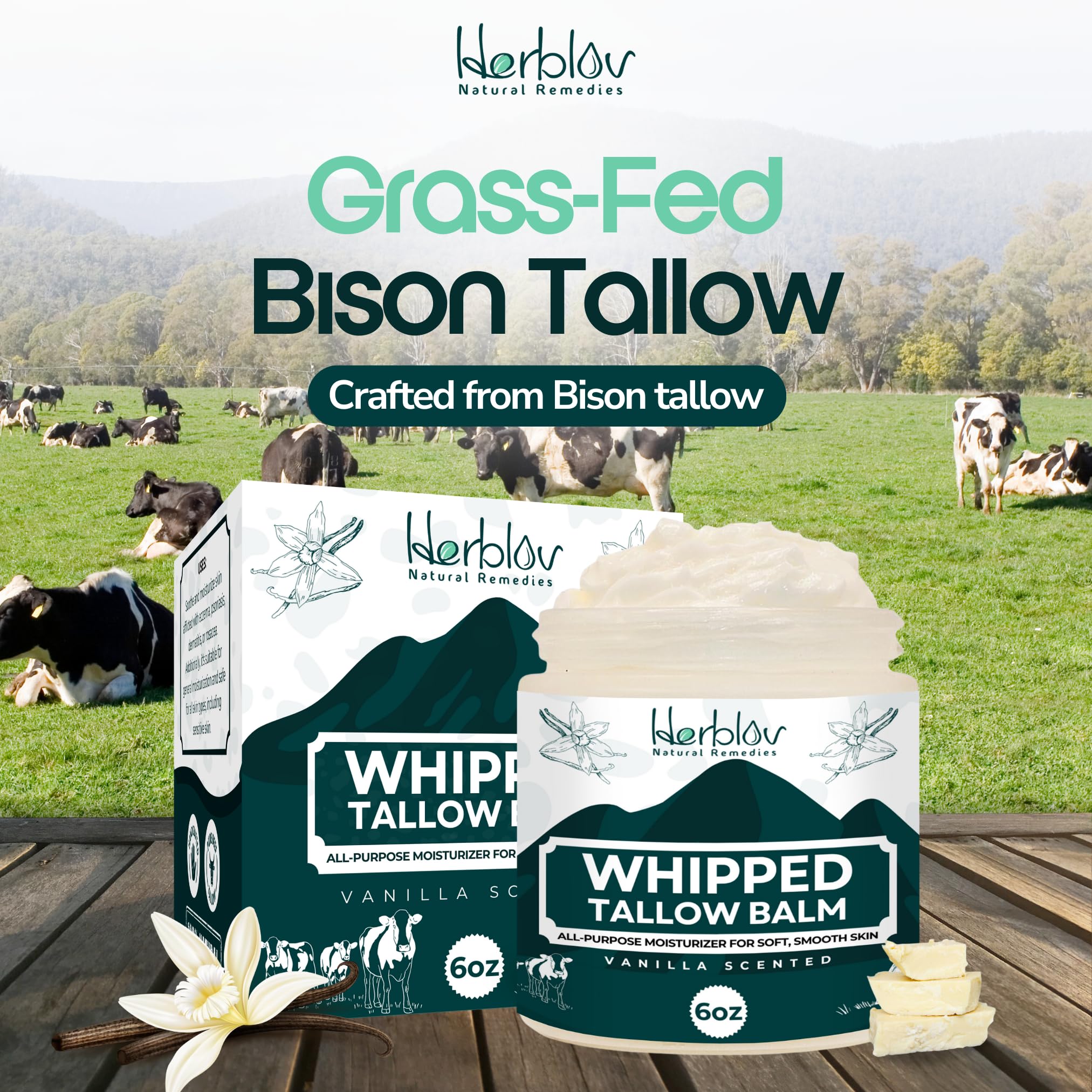 Beef Tallow Balm – Natural Grass Fed Whipped Tallow and Honey All Purpose Balm – Moisturizing Face and Body Lotion for Eczema, Cracked, Dry, Itchy, Irritated Skin – Skin Repair Made in USA (Vanilla)