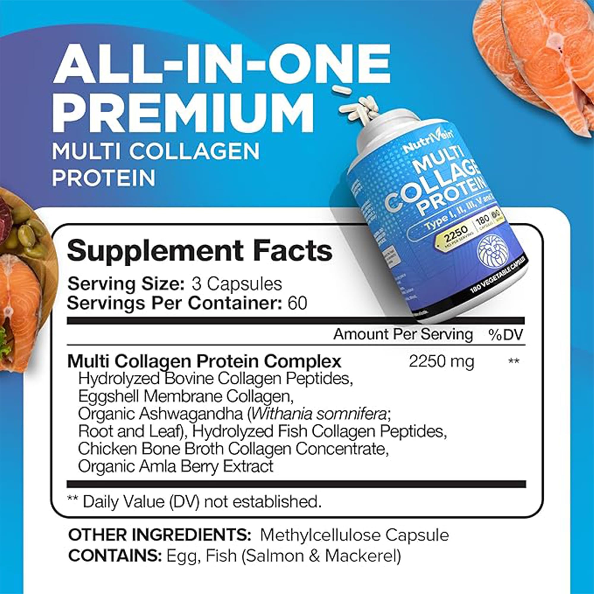 Nutrivein Multi Collagen Pills 2250mg - 180 Collagen Capsules - Type I, II, III, V, X, Anti-Aging, Healthy Joints, Hair, Skin, Bones, Nails, Hydrolyzed Protein Peptides for Woman and Men