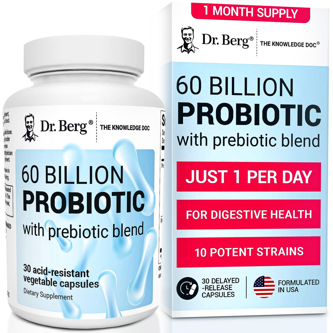 Dr. Berg 60 Billion Probiotic Supplement - Supports Occasional Constipation, Diarrhea, Gas & Bloating* - Pre and Probiotics for Digestive Health - 30 Probiotic Capsules