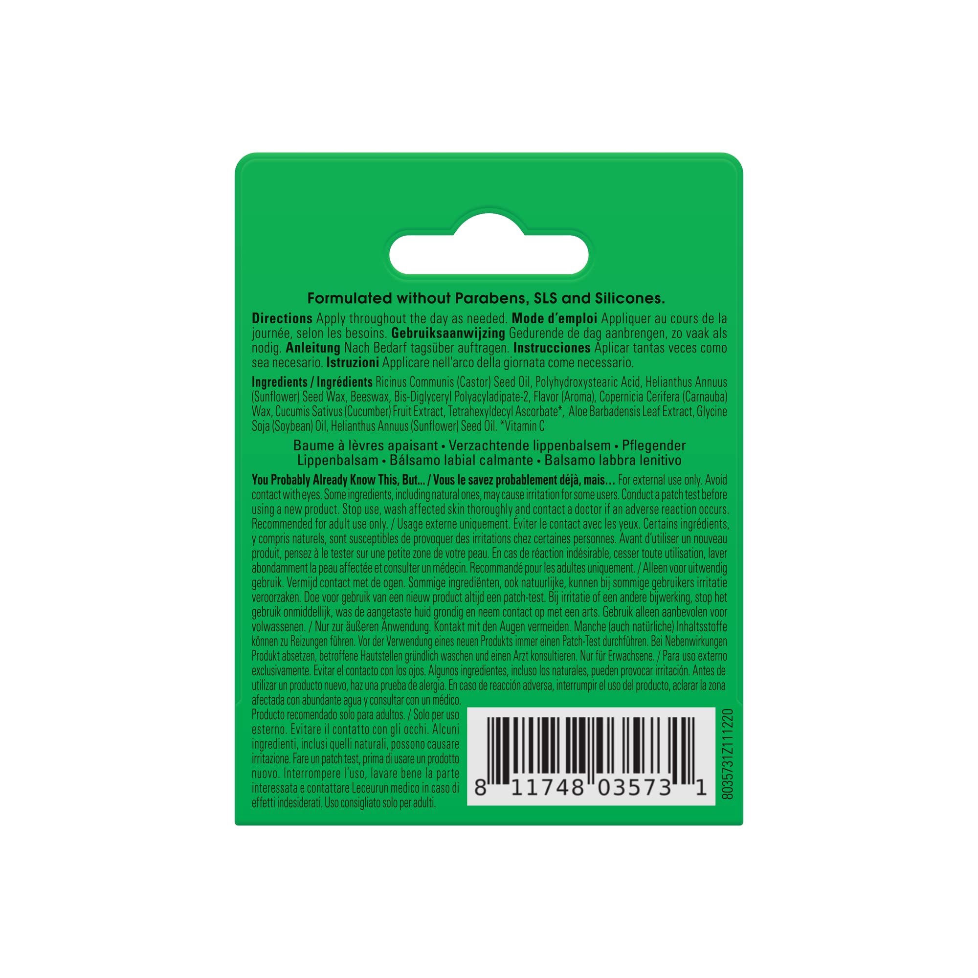 Yes To Cucumber Soothing Lip Balm - For Sensitive Skin + Cucumber and Aloe Vera + Moisturize and Restore Dry, Cracked Lips + 99% natural ingredients, White