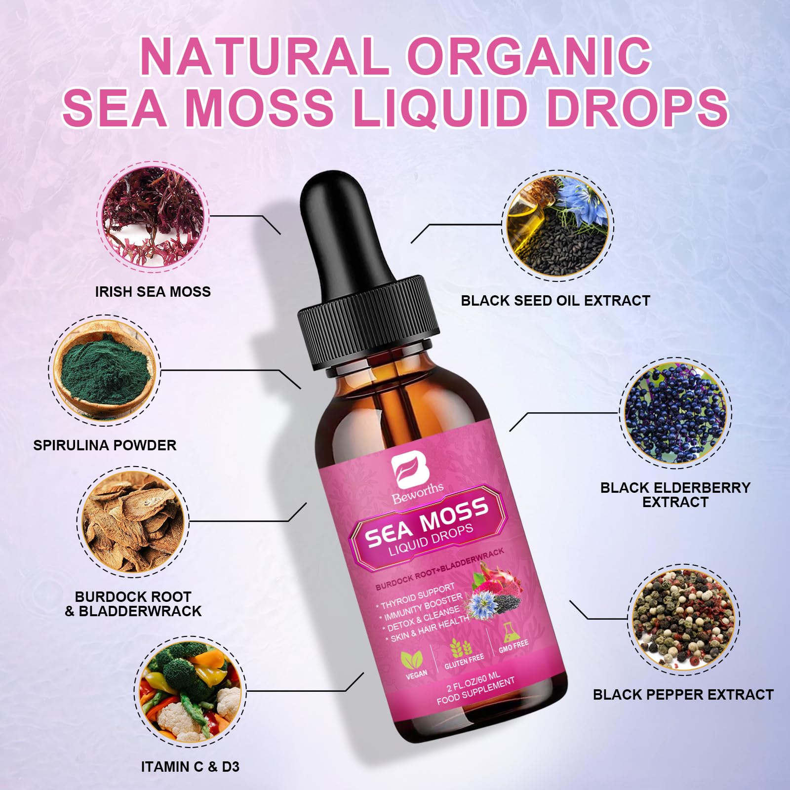 B BEWORTHS Sea Moss Liquid Drops - Organic Black Seed Oil Irish Sea Moss Gel with Burdock Root, Bladderwrack, Elderberry, Vitamin C, D3, 6X Stronger Seamoss Gel for Digestive, Hair Health - Vegan