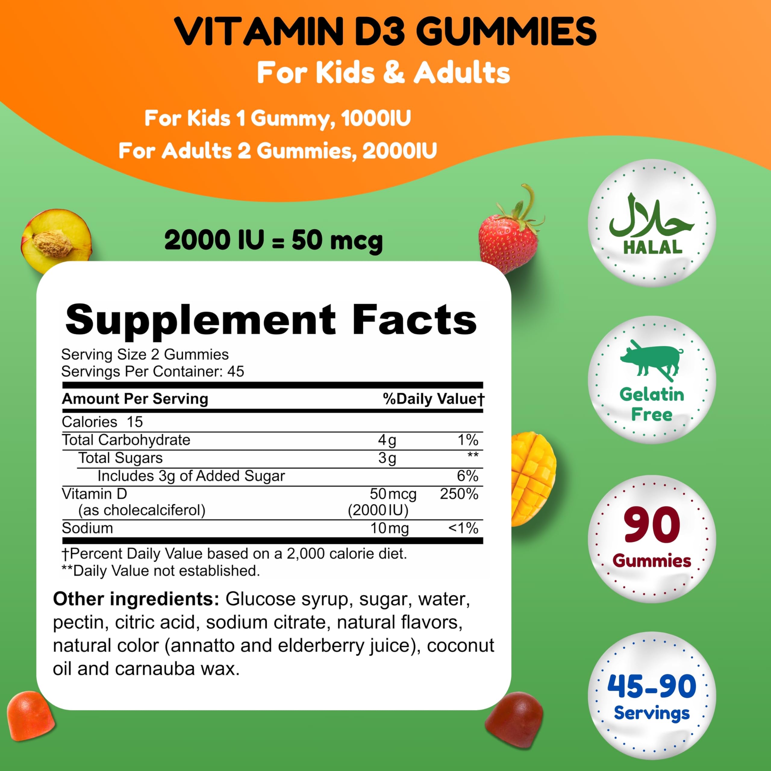 SHIFAA NUTRITION Vegetarian Vitamin D3 Gummies for Adults & Kids | 45-90 Servings, 2,000IU / 1,000IU | Non-GMO, Gluten-Free, Gelatin-Free | Supports Bones, Muscles & Immune System Halal Vitamins