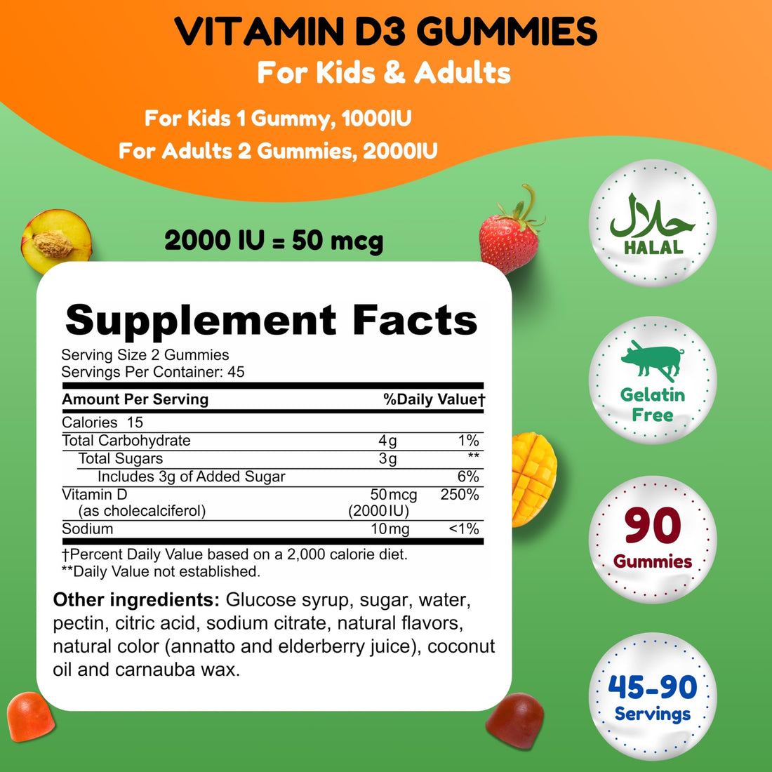 SHIFAA NUTRITION Vegetarian Vitamin D3 Gummies for Adults & Kids | 45-90 Servings, 2,000IU / 1,000IU | Non-GMO, Gluten-Free, Gelatin-Free | Supports Bones, Muscles & Immune System Halal Vitamins