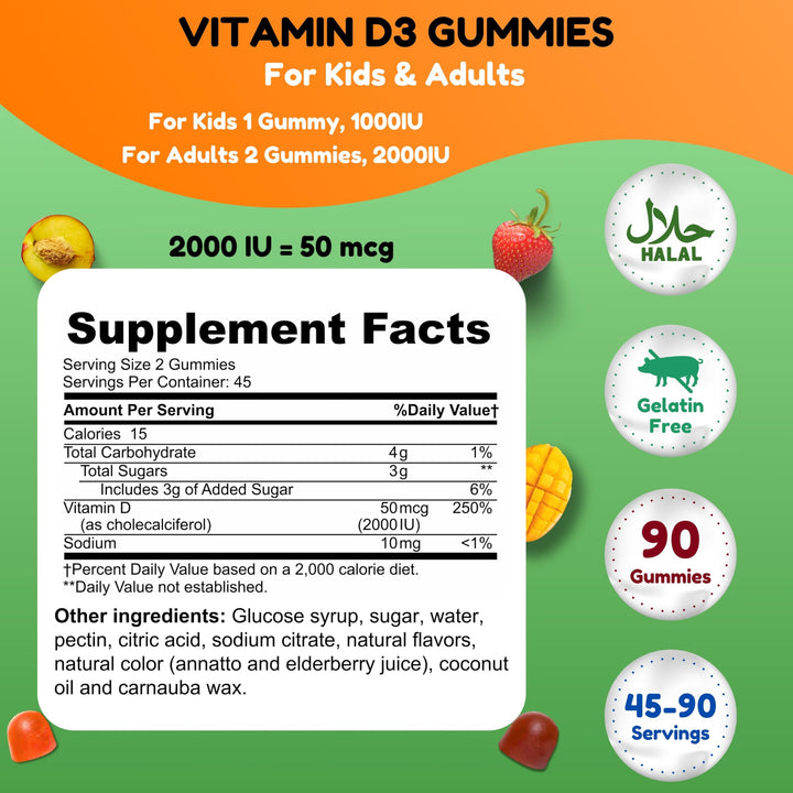 SHIFAA NUTRITION Vegetarian Vitamin D3 Gummies for Adults & Kids | 45-90 Servings, 2,000IU / 1,000IU | Non-GMO, Gluten-Free, Gelatin-Free | Supports Bones, Muscles & Immune System Halal Vitamins