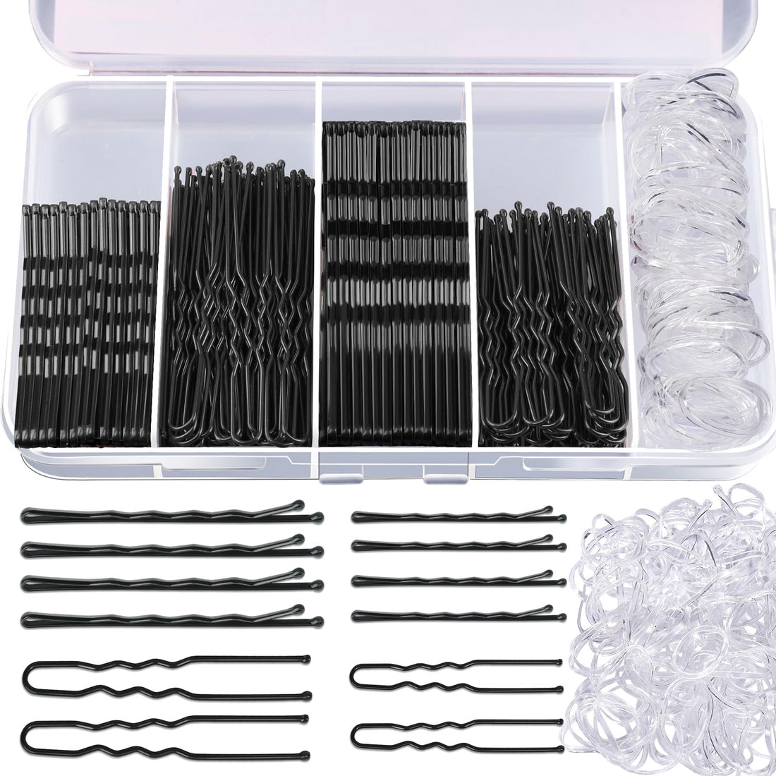 Teenitor 300pcs Hair Pins Bobby Pins Black, 100 Black Bobby Pins 100 Hair Pins for Women and 100 Clear Hair Bands Kit, U Pins for Buns 2 2.36 and Bobby Pins 2 2.75