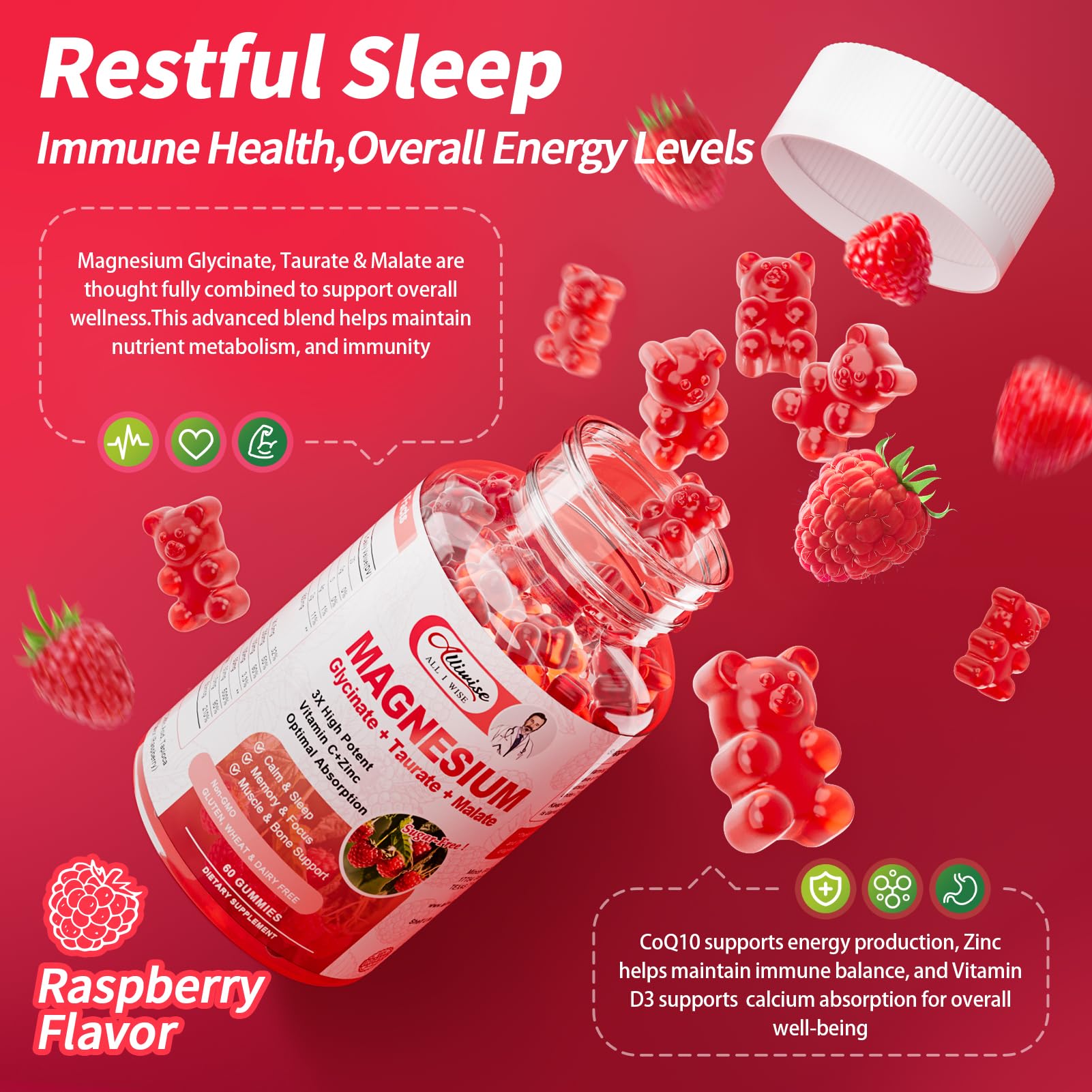 Alliwise 2Pack Magnesium Glycinate Gummies,Magnesium Potassium Supplement with Taurate, Malate, Vitamins D, C, B6, Calcium,Body Support,Raspberry Magnesium Gummies for Adults,60 Days Supply