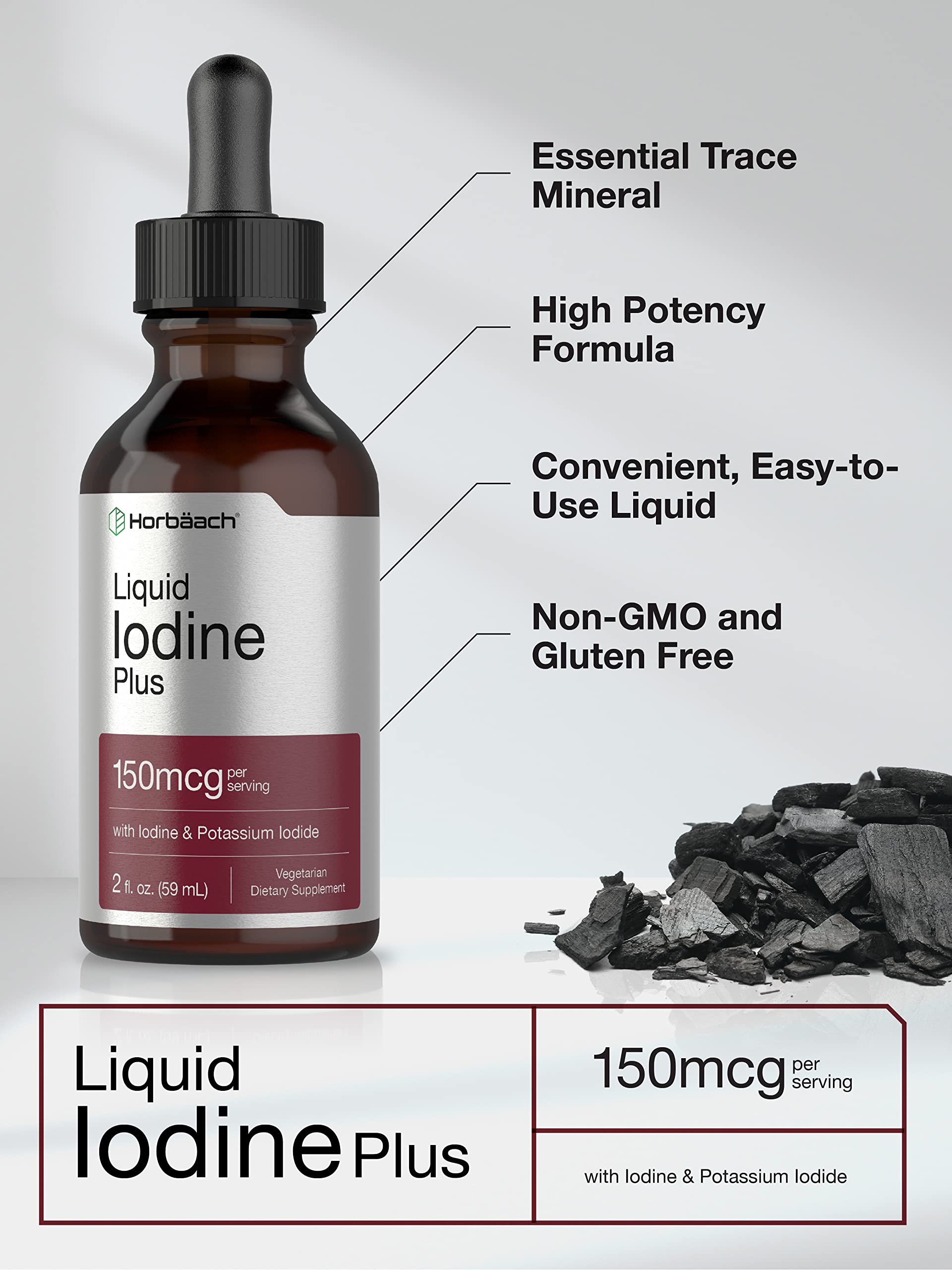 Horbäach Liquid Iodine Drops | 2 fl oz | 150 mcg | Iodine & Potassium Iodide Liquid Tincture | Vegetarian, Non-GMO, Gluten Free Supplement