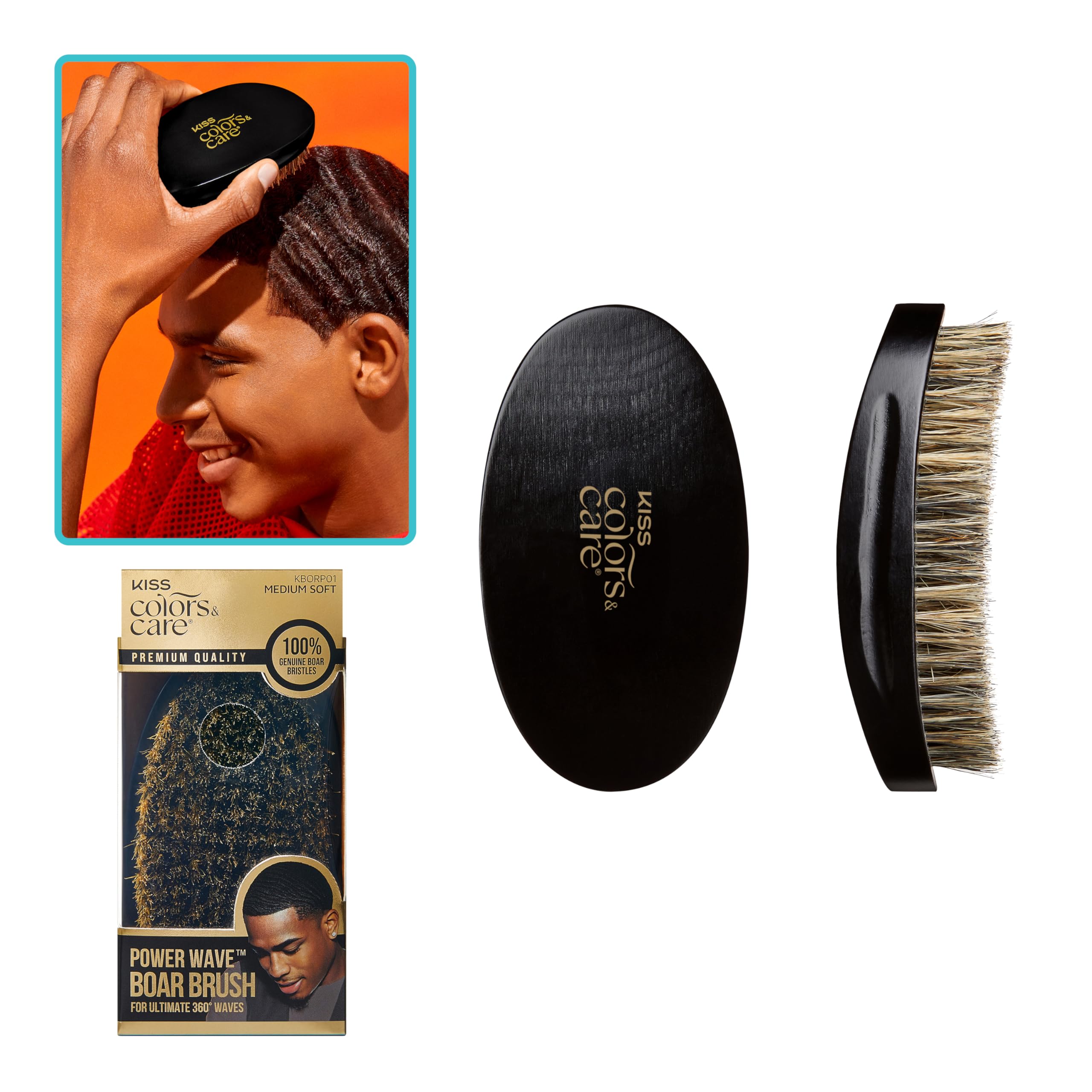 KISS COLORS & CARE 360° Power Wave Palm Brush - Medium Soft, Curved Handle, High-Density Boar Bristles for Deep Waves, Shed-Free Grip
