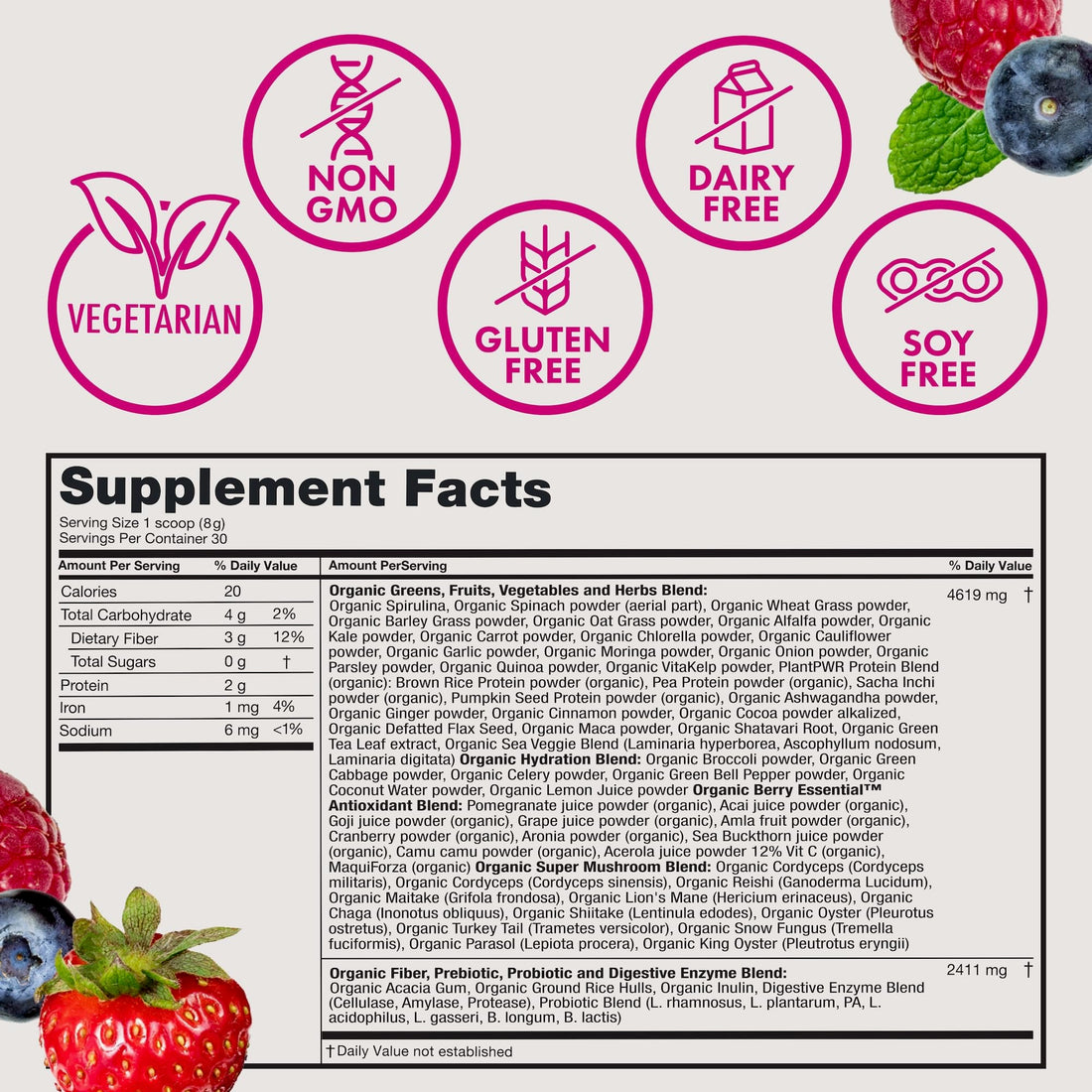 Zena Organic Super Greens Powder, 70+ Superfoods Drink Mix, 0 Sugar, 3G Fiber, Fruits, Veggies, Spirulina, Chlorella, Antioxidants, Pre & Probiotics, Digestive Enzymes, Mixed Berry Flavor, 30 Servings