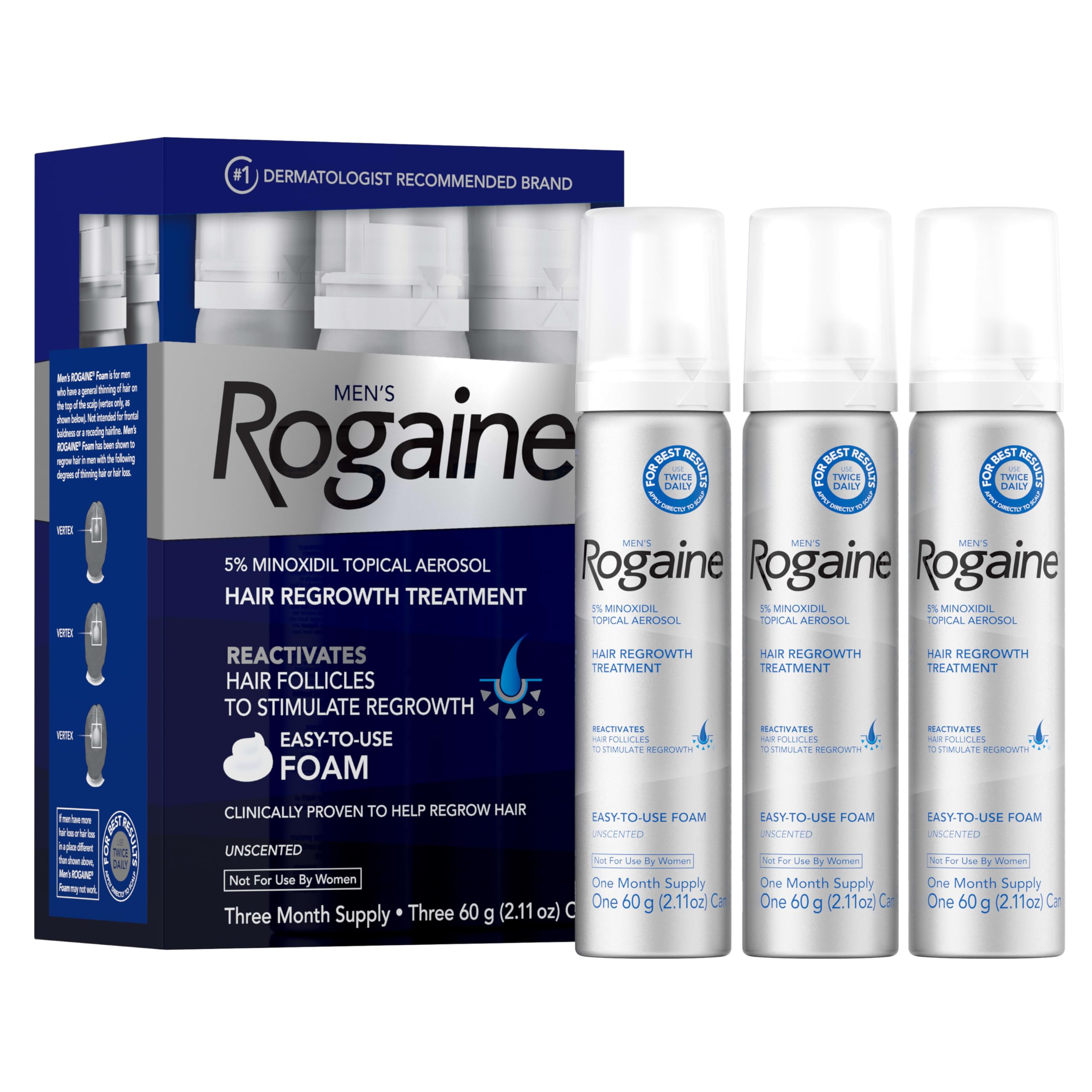 Men’s Rogaine 5% Minoxidil for Men Foam, Clinically Proven Regrowth for Thinning Hair, Topical Hair Loss Treatment, Unscented Topical Aerosol, Results in 8–16 Weeks, 3-Month Supply, 3 x 2.11 oz
