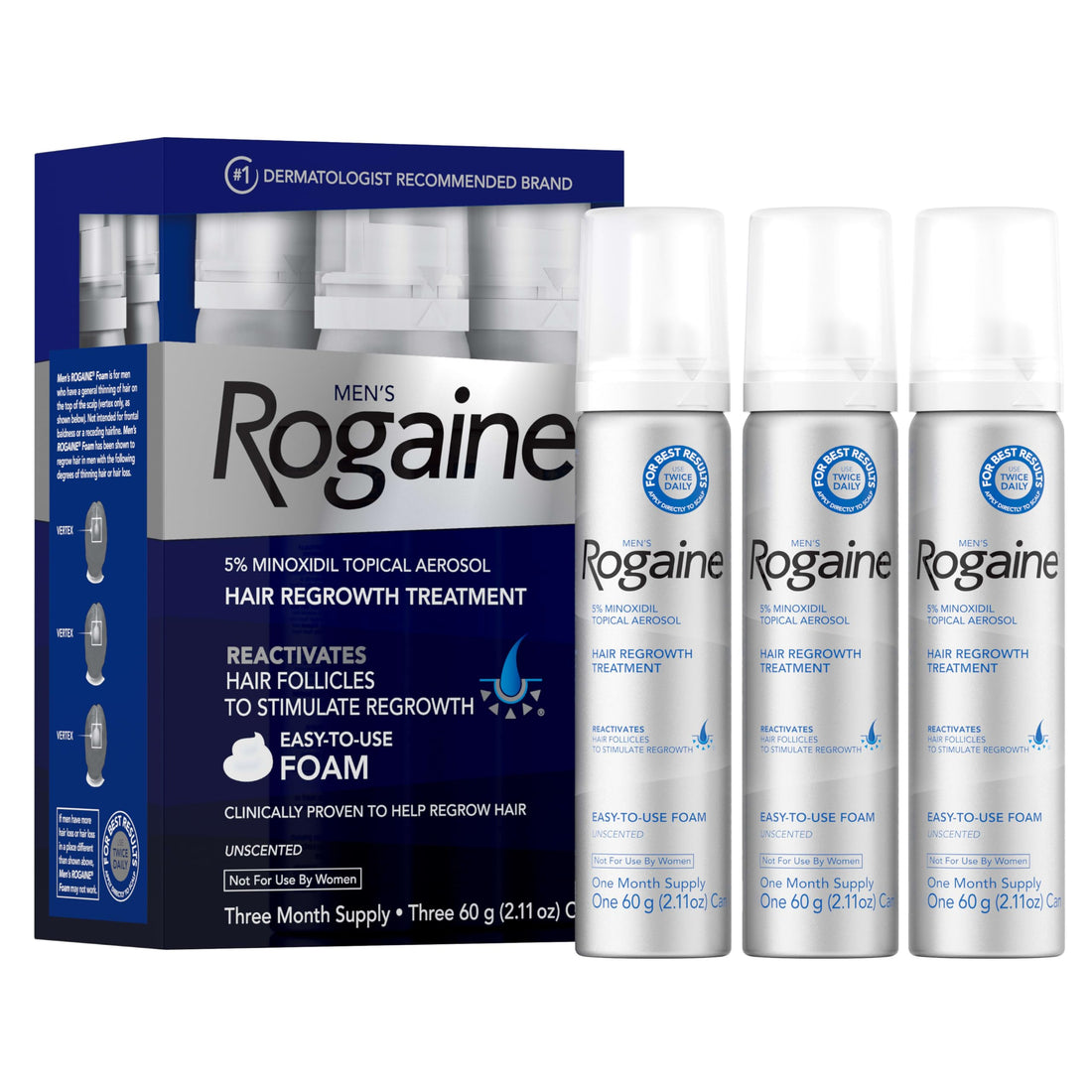 Men’s Rogaine 5% Minoxidil for Men Foam, Clinically Proven Regrowth for Thinning Hair, Topical Hair Loss Treatment, Unscented Topical Aerosol, Results in 8–16 Weeks, 3-Month Supply, 3 x 2.11 oz