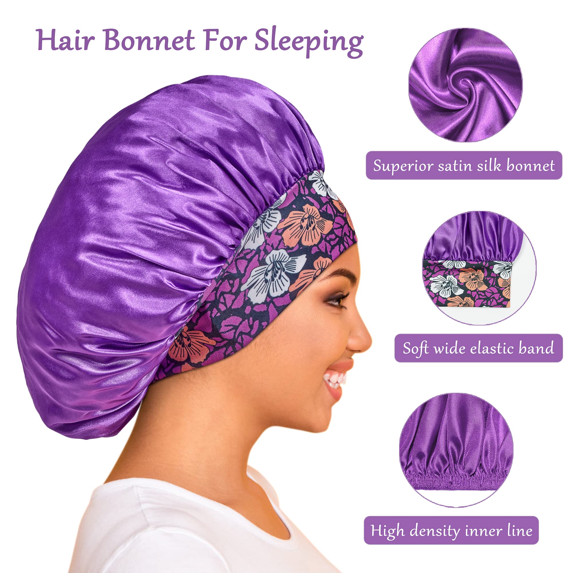 3 Pack Satin Bonnet Silk Hair Bonnet for Sleeping, Sleep Bonnets for Women Large Wide Soft Band Sleep Cap for Curly Hair Braids