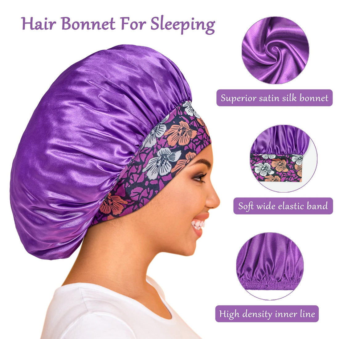 3 Pack Satin Bonnet Silk Hair Bonnet for Sleeping, Sleep Bonnets for Women Large Wide Soft Band Sleep Cap for Curly Hair Braids