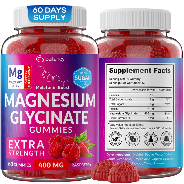 Magnesium Glycinate Gummies 400mg, Magnesium Gummies for Women and Men, Body Support and Relaxation, Raspberry Magnesium Gummies for Adults with Blackcurrant Oil, Non GMO, Gluten Free, 60 Days Supply