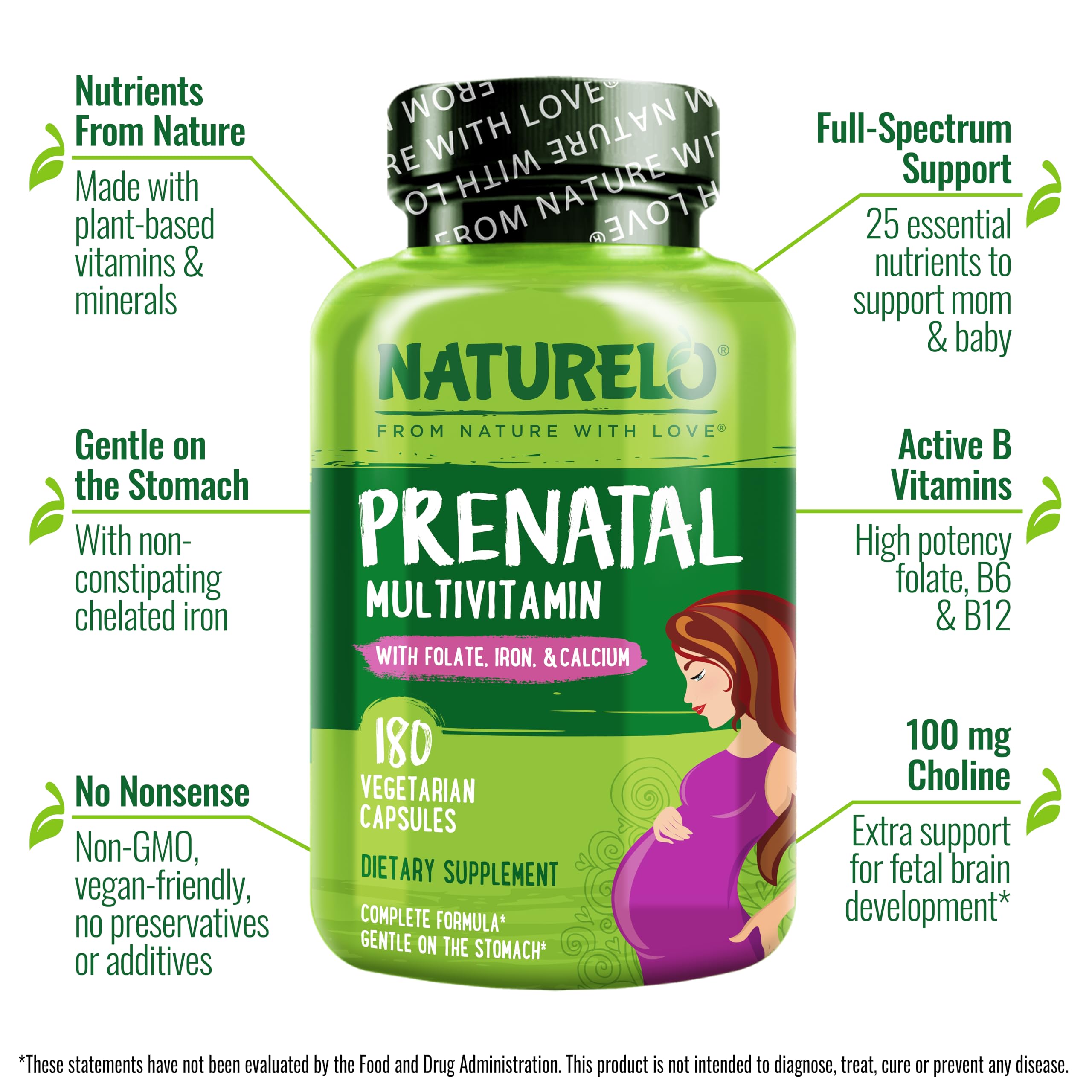 NATURELO Prenatal Multivitamin with Gentle Chelated Iron, Methyl Folate, Plant Calcium & Choline - Vegan, Vegetarian - Non-GMO - Gluten Free - 180 Capsules - 4 Month Supply (Pack of 2)