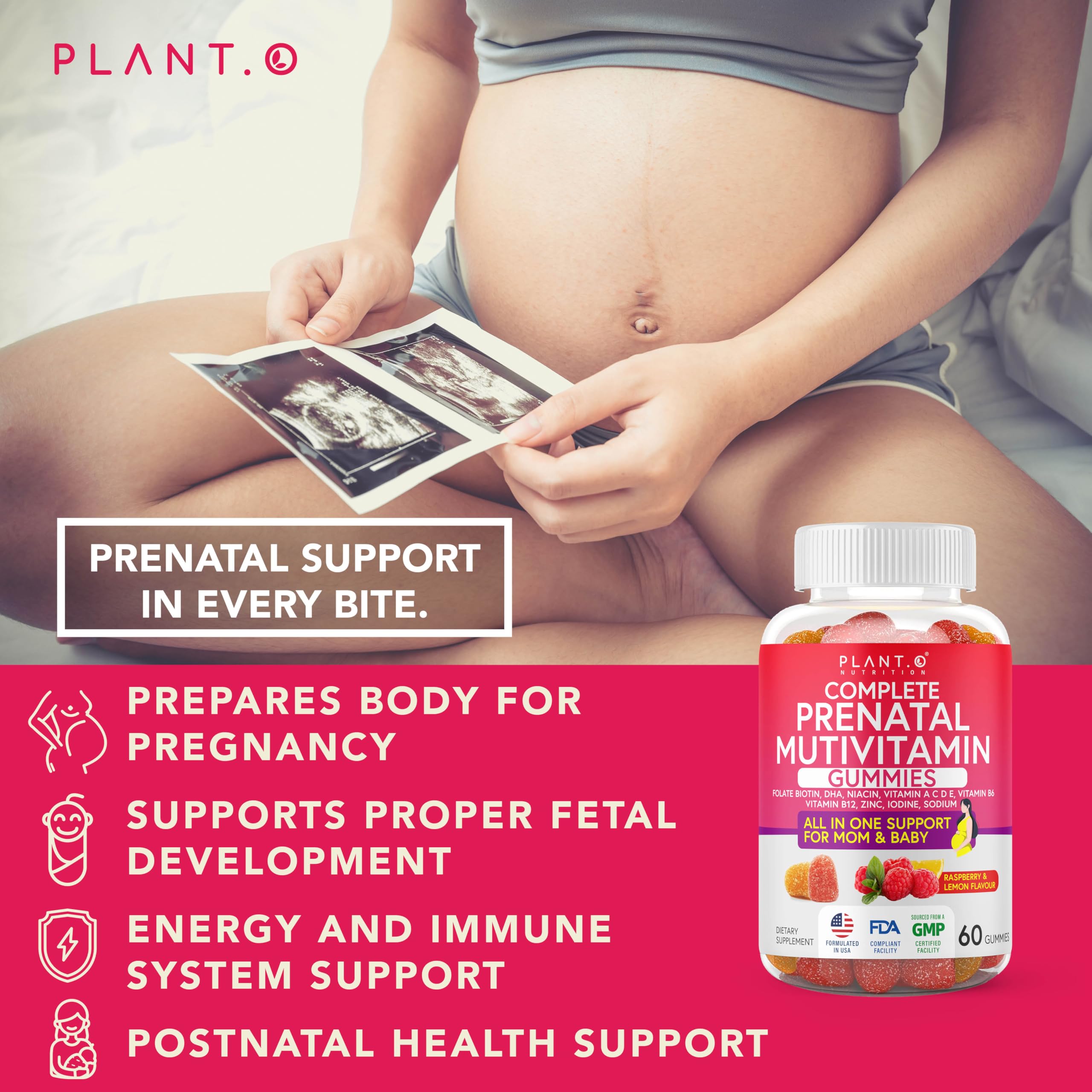 PLANT.O NUTRITION Prenatal Gummies for Women with DHA, Folate, Vitamin B C D | Delicious Multivitamin Blend for Fetal and Neural Support, Bones, Energy & Immunity During Pregnancy