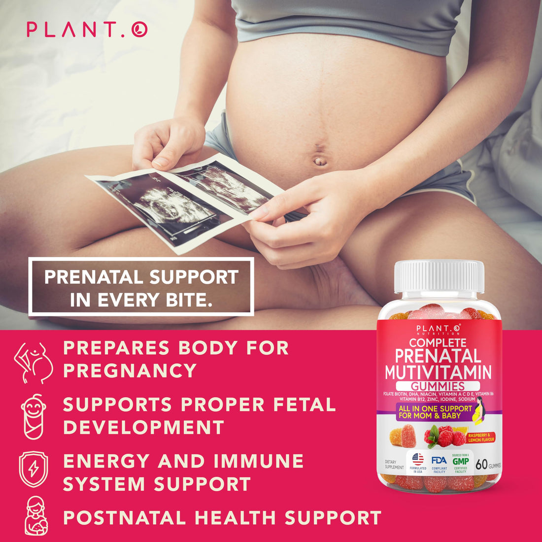 PLANT.O NUTRITION Prenatal Gummies for Women with DHA, Folate, Vitamin B C D | Delicious Multivitamin Blend for Fetal and Neural Support, Bones, Energy & Immunity During Pregnancy