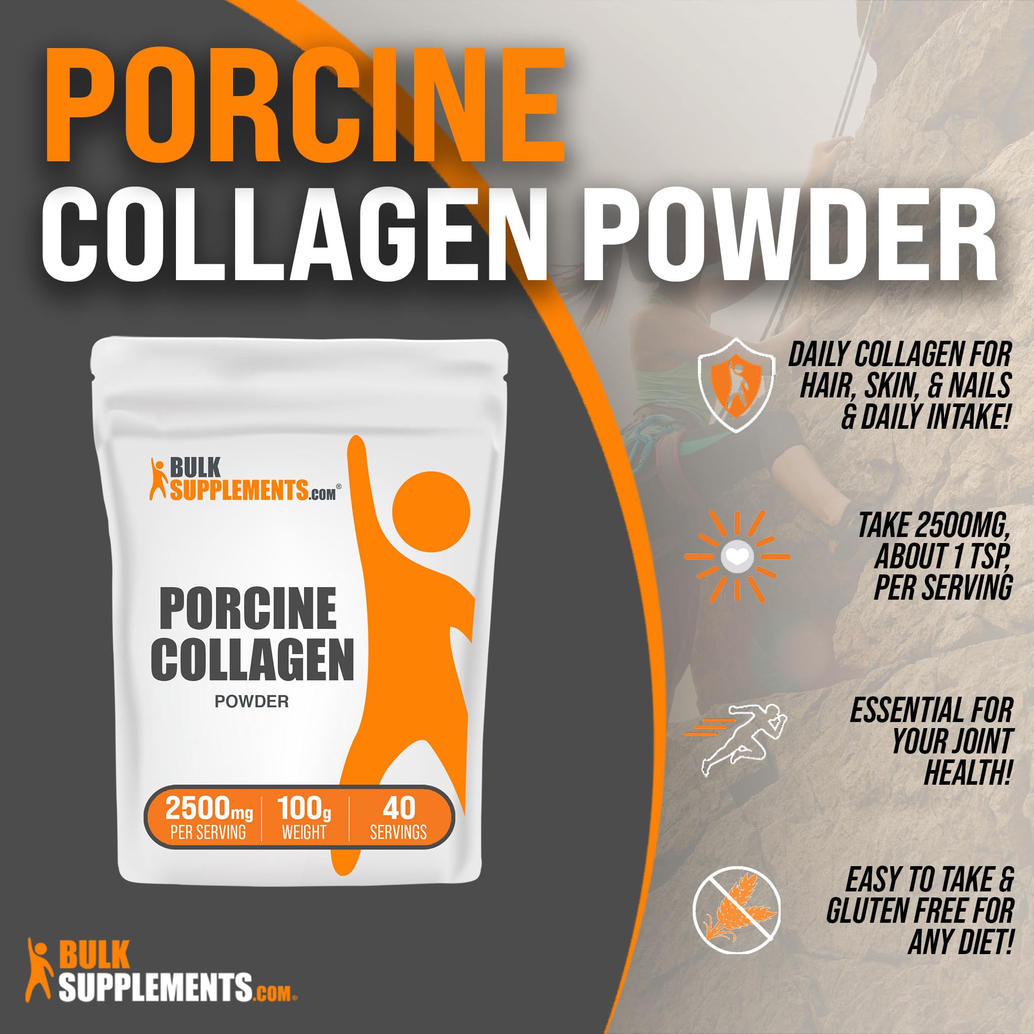 BulkSupplements.com Porcine Collagen Powder - Hydrolyzed Collagen Powder, Collagen Supplement, Collagen Protein Powder - Gluten Free, 2500mg per Serving, 100g (3.5 oz) (Pack of 1)