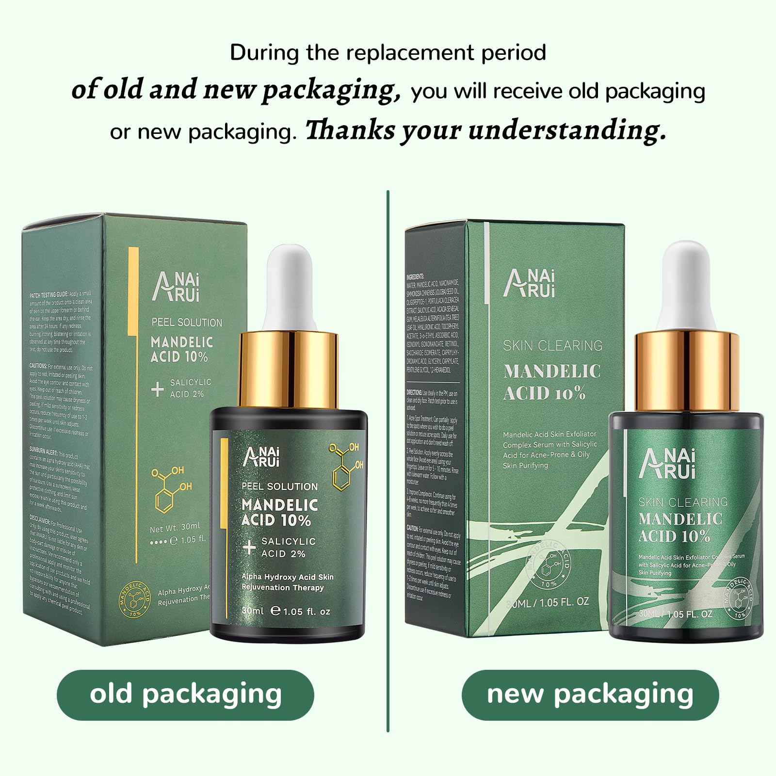 ANAI RUI Mandelic Acid 10% with Salicylic Acid 2%, Tea Tree Oil, AHA BHA Skin Exfoliant Peel Solution, for Dark Spots, Blackheads, Enlarged Pores,1.05FL.Oz