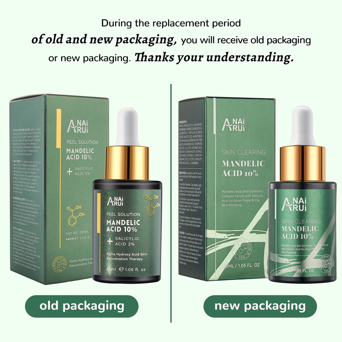 ANAI RUI Mandelic Acid 10% with Salicylic Acid 2%, Tea Tree Oil, AHA BHA Skin Exfoliant Peel Solution, for Dark Spots, Blackheads, Enlarged Pores,1.05FL.Oz