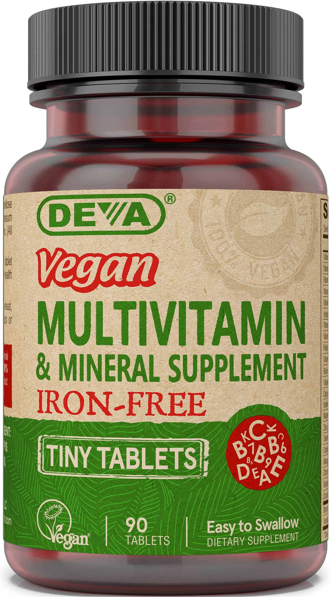 DEVA Tiny Tablets Vegan Multivitamins for Women & Men, Multivitamin Iron Free, Mineral Supplement, Vitamin C, Vitamin B Complex, Vitamin B12, Vitamin E, Zinc, Gluten Free, 90 Tablets