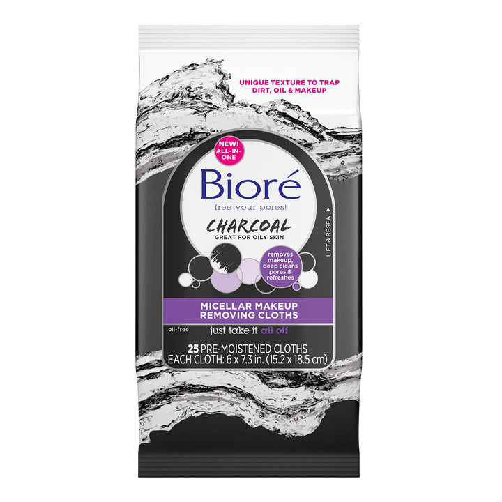 Biore Charcoal Makeup Removing Cloths, with Micellar Cleansing Water, No-rinse Makeup and Oil Removal, for Oily Skin, 25 Count